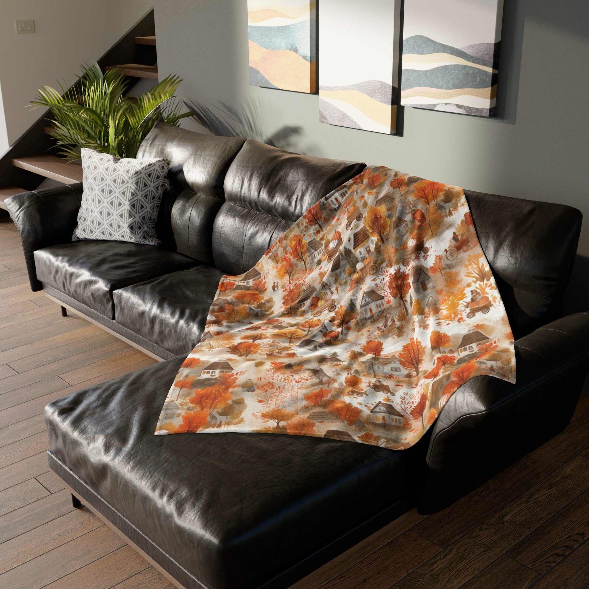 Fall Village Blanket Fall Home Decor Thanksgiving Throw Harvest Season Fleece Blanket Pumpkins Bedding Autumn Leaves Tree Lover Gift for Mom