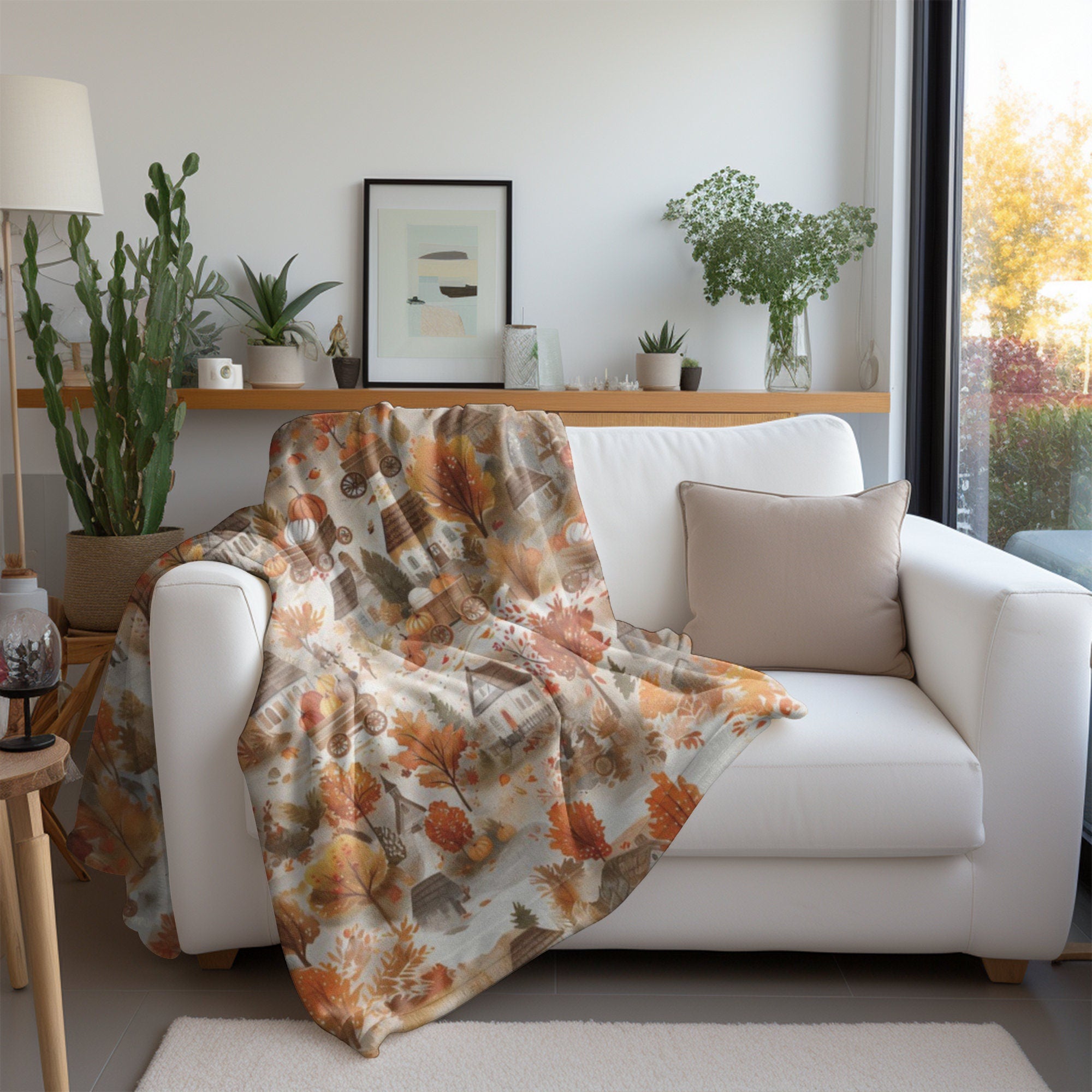Fall Village Blanket Fall Home Decor Thanksgiving Throw Harvest Season Fleece Blanket Pumpkins Bedding Autumn Leaves Tree Lover Gift for Mom