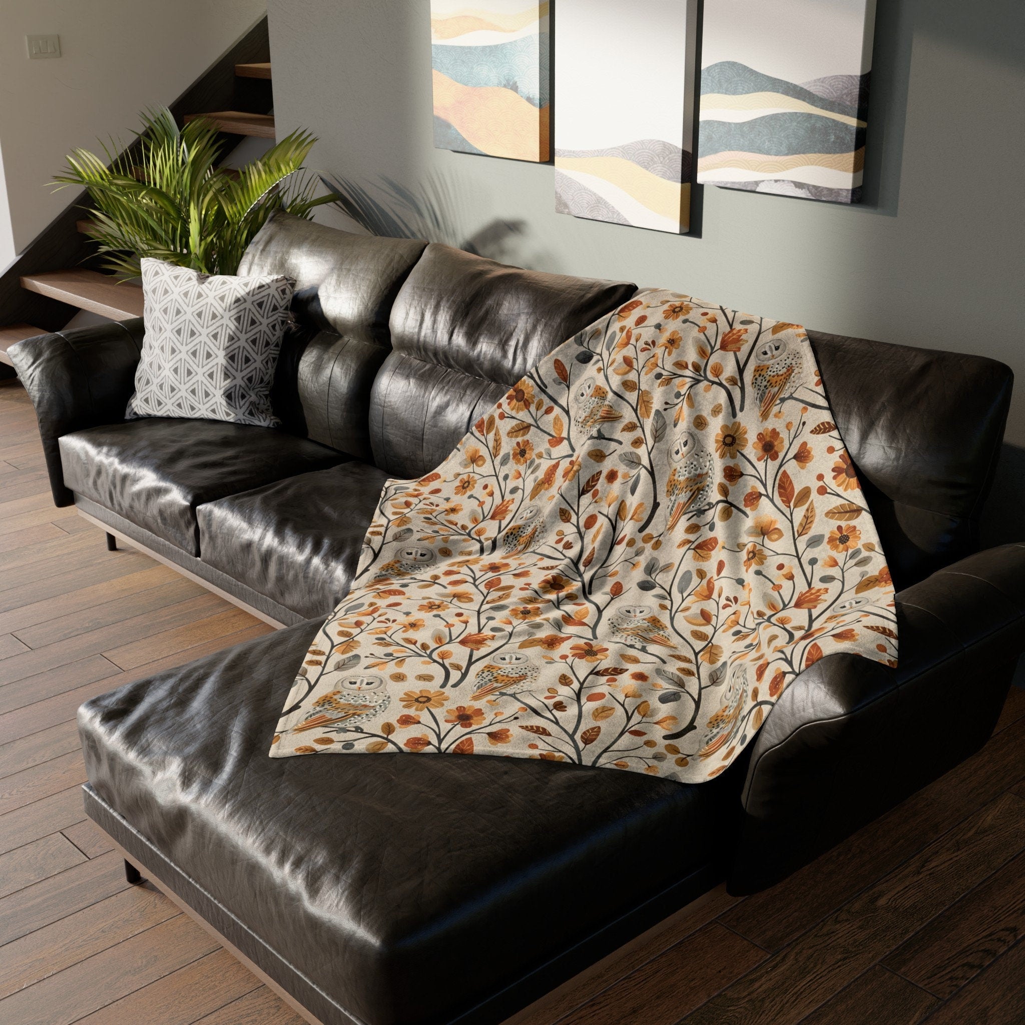 Fall Throw Blanket Fall Home Decor Barn Owl Fleece Blanket Floral Autumn Lovers Gift Cottagecore Fall Decor Leaves Flower Lovers Christmas