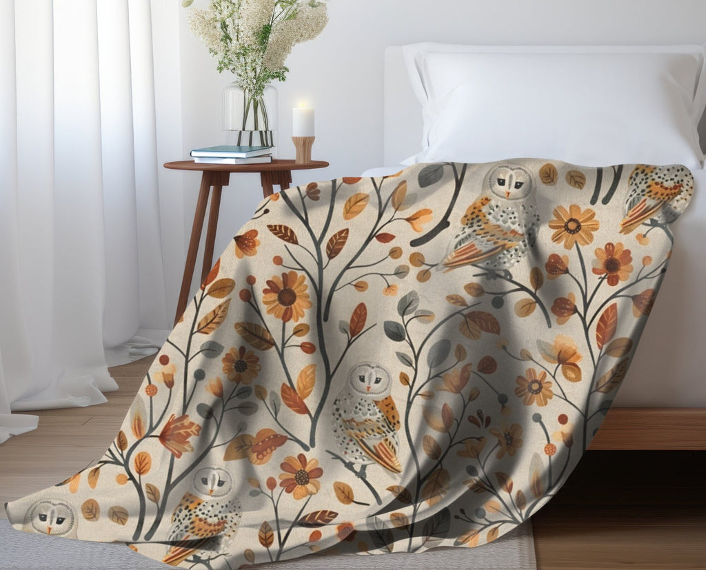 Fall Throw Blanket Fall Home Decor Barn Owl Fleece Blanket Floral Autumn Lovers Gift Cottagecore Fall Decor Leaves Flower Lovers Christmas