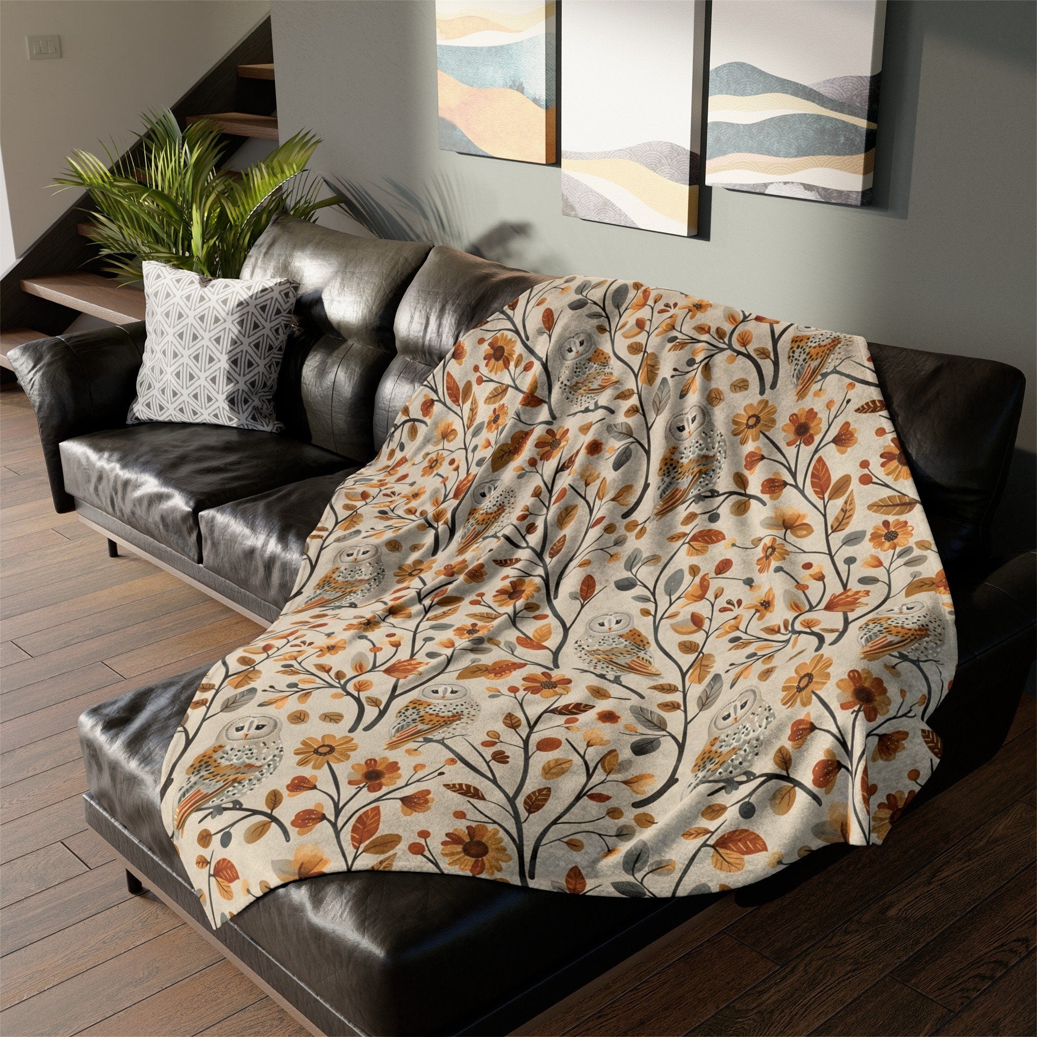 Fall Throw Blanket Fall Home Decor Barn Owl Fleece Blanket Floral Autumn Lovers Gift Cottagecore Fall Decor Leaves Flower Lovers Christmas