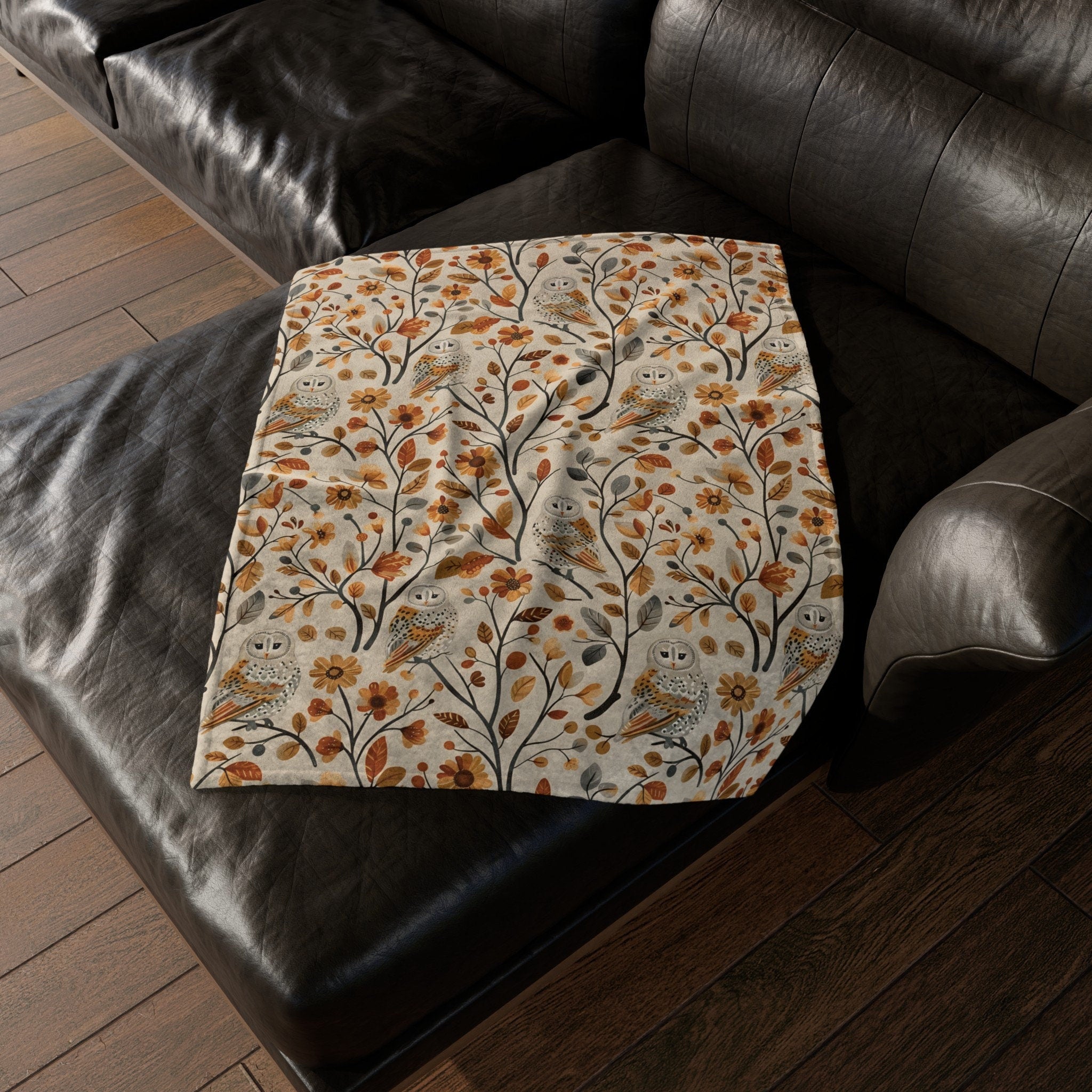 Fall Throw Blanket Fall Home Decor Barn Owl Fleece Blanket Floral Autumn Lovers Gift Cottagecore Fall Decor Leaves Flower Lovers Christmas