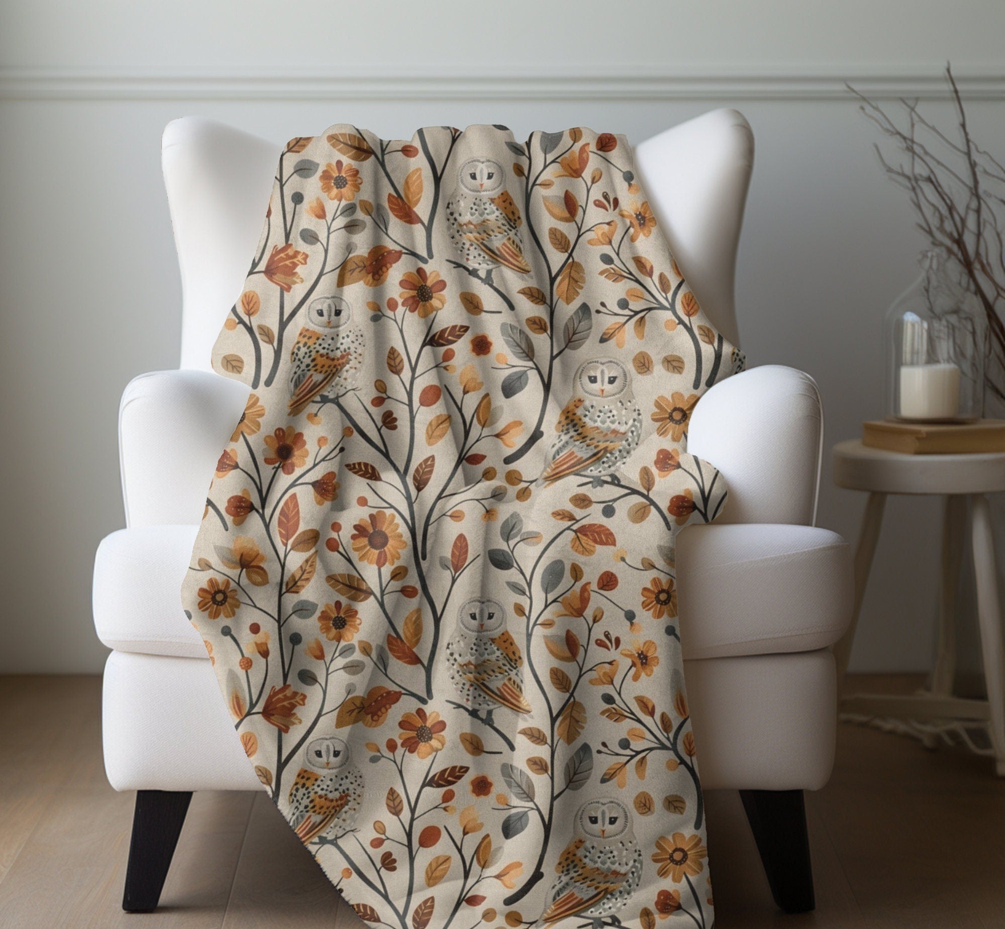Fall Throw Blanket Fall Home Decor Barn Owl Fleece Blanket Floral Autumn Lovers Gift Cottagecore Fall Decor Leaves Flower Lovers Christmas