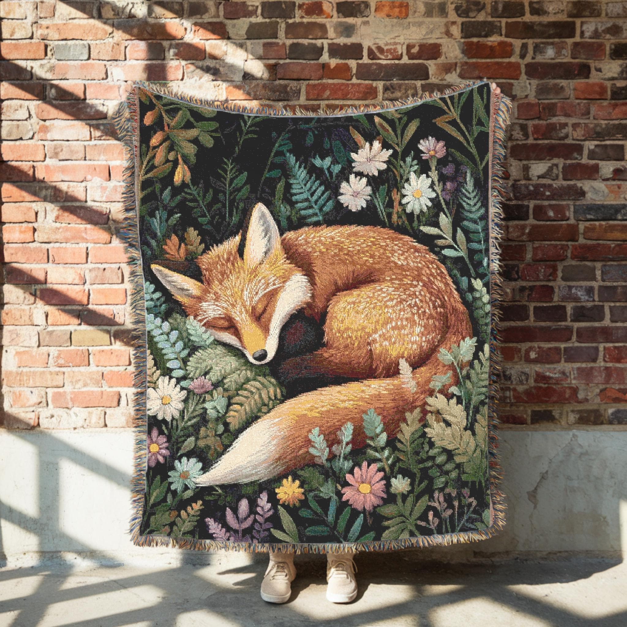 Sleepy Fox 100% Cotton Woven Throw Cottagecore Forest Blanket Woodland Animal Tapestry Cozy Nature Decor Botanical Fox Art, Fairy Tale Throw