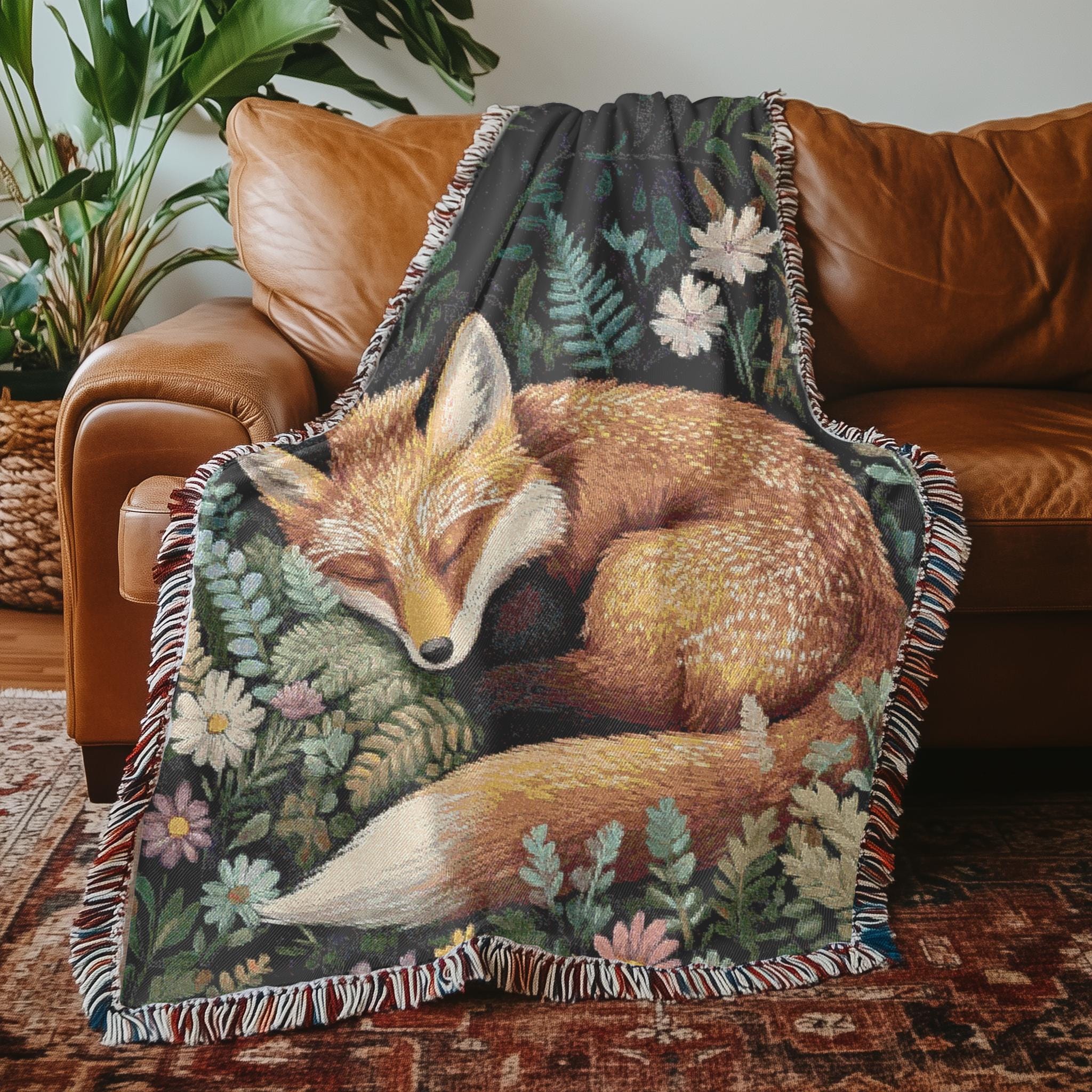 Sleepy Fox 100% Cotton Woven Throw Cottagecore Forest Blanket Woodland Animal Tapestry Cozy Nature Decor Botanical Fox Art, Fairy Tale Throw