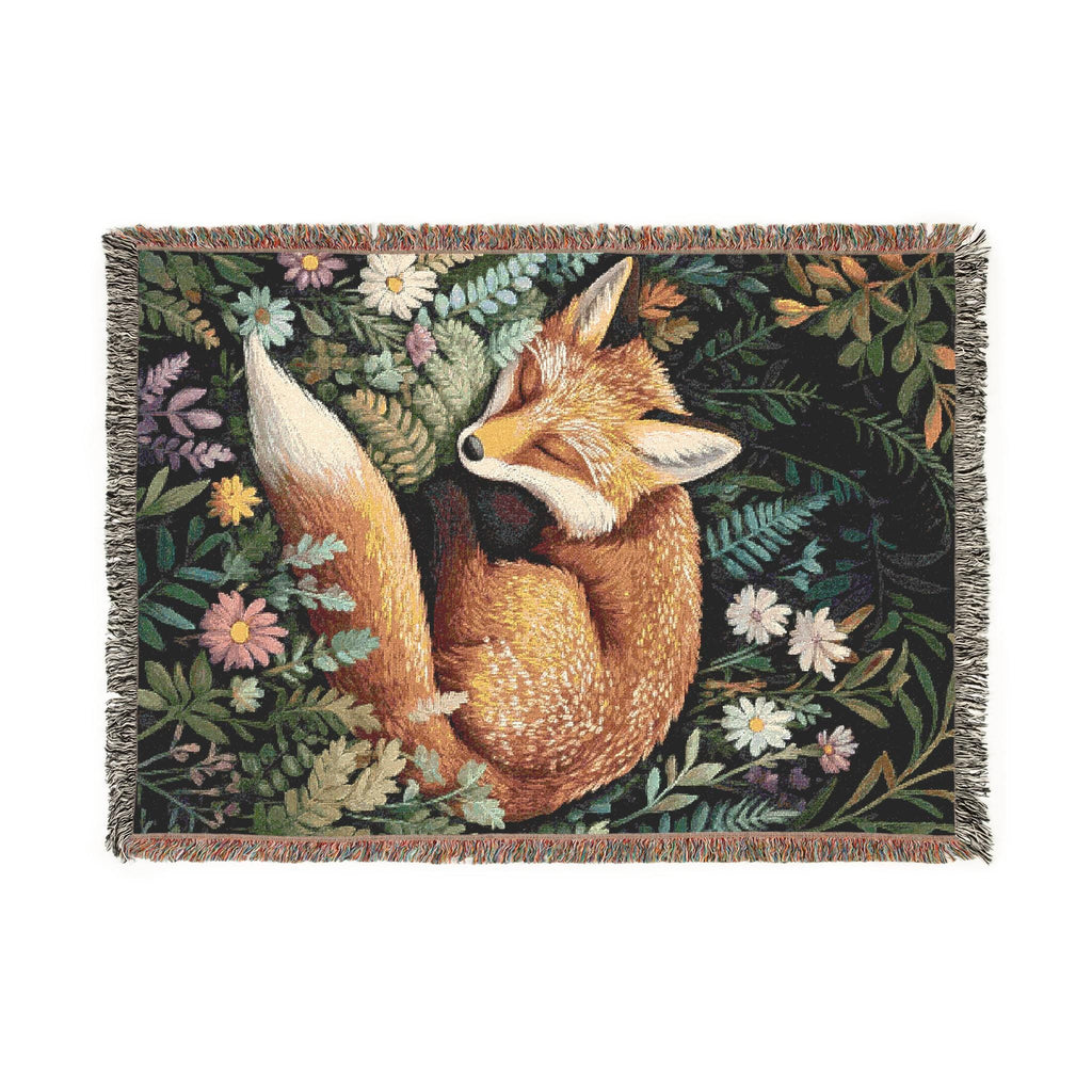 Sleepy Fox 100% Cotton Woven Throw Cottagecore Forest Blanket Woodland Animal Tapestry Cozy Nature Decor Botanical Fox Art, Fairy Tale Throw
