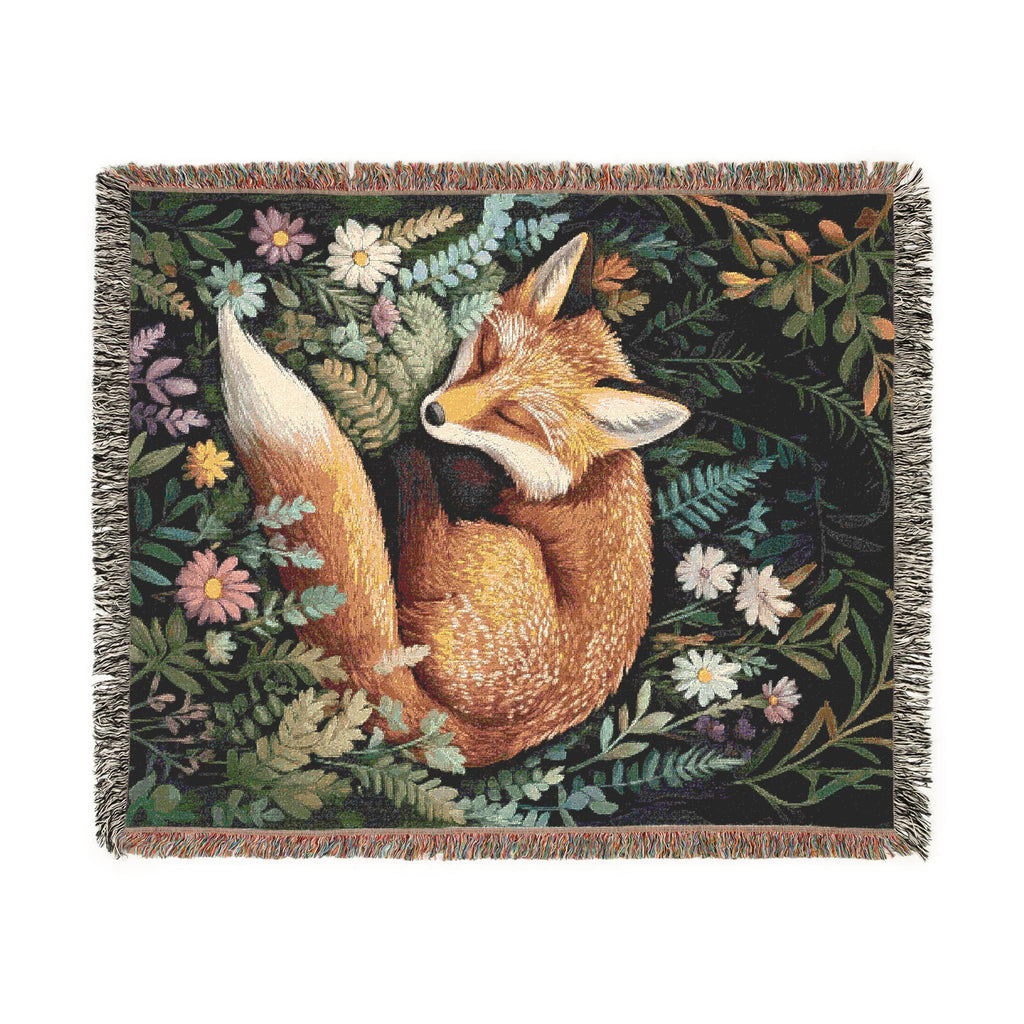 Sleepy Fox 100% Cotton Woven Throw Cottagecore Forest Blanket Woodland Animal Tapestry Cozy Nature Decor Botanical Fox Art, Fairy Tale Throw