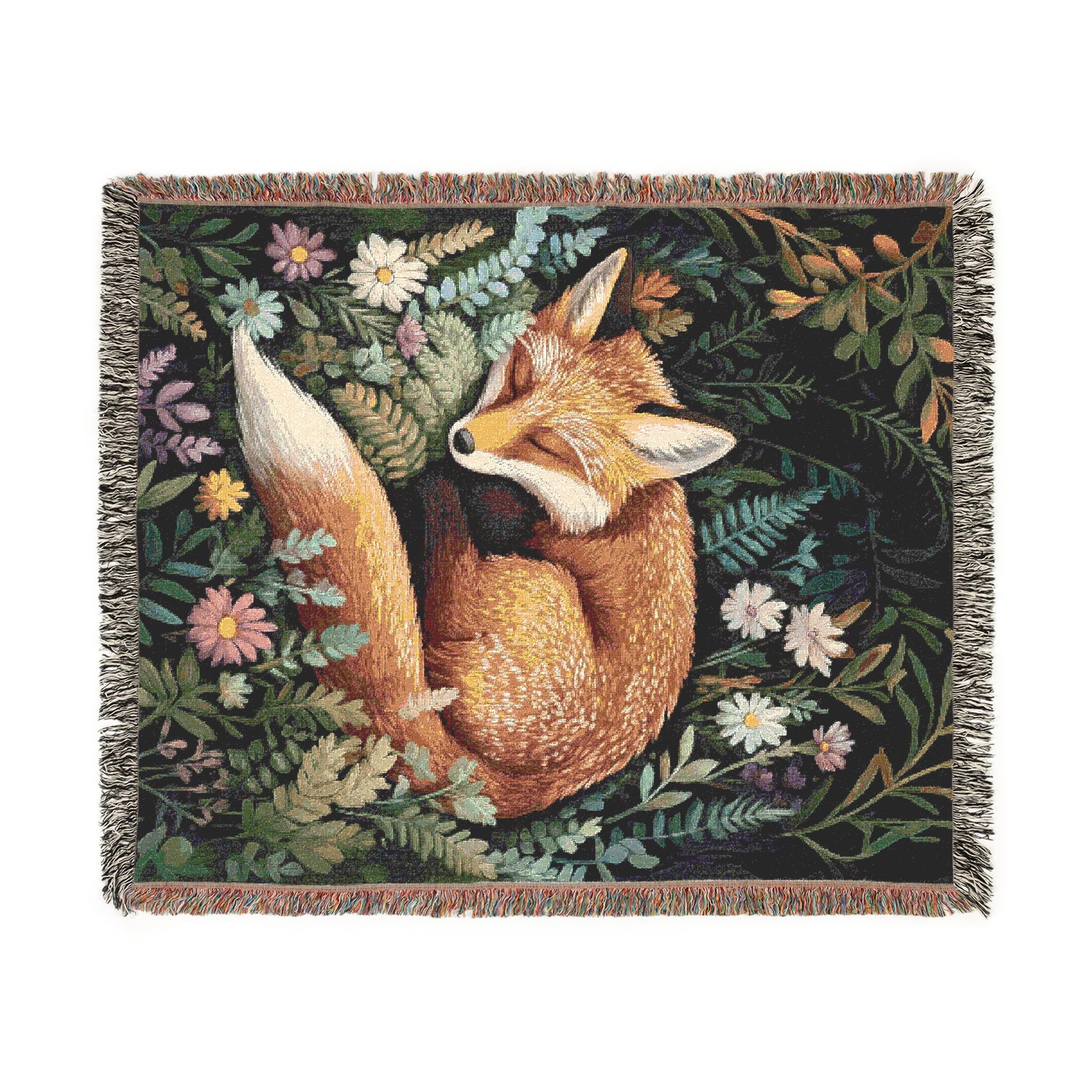 Sleepy Fox 100% Cotton Woven Throw Cottagecore Forest Blanket Woodland Animal Tapestry Cozy Nature Decor Botanical Fox Art, Fairy Tale Throw