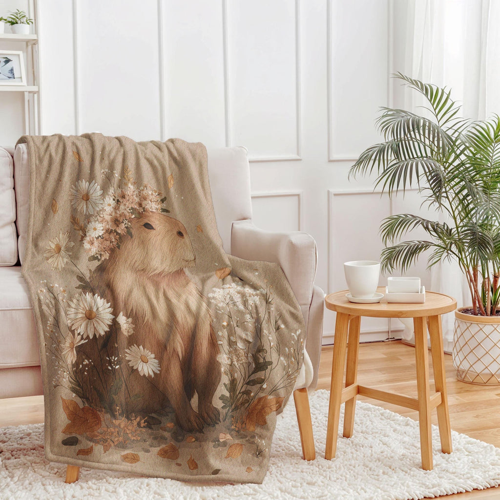 Whimsical Capybara Flower Minky Blanket, Cottagecore Animal Lover Gift Throw, Soft Floral Plush Blanket, Nature Inspired Cozy Capybara Art