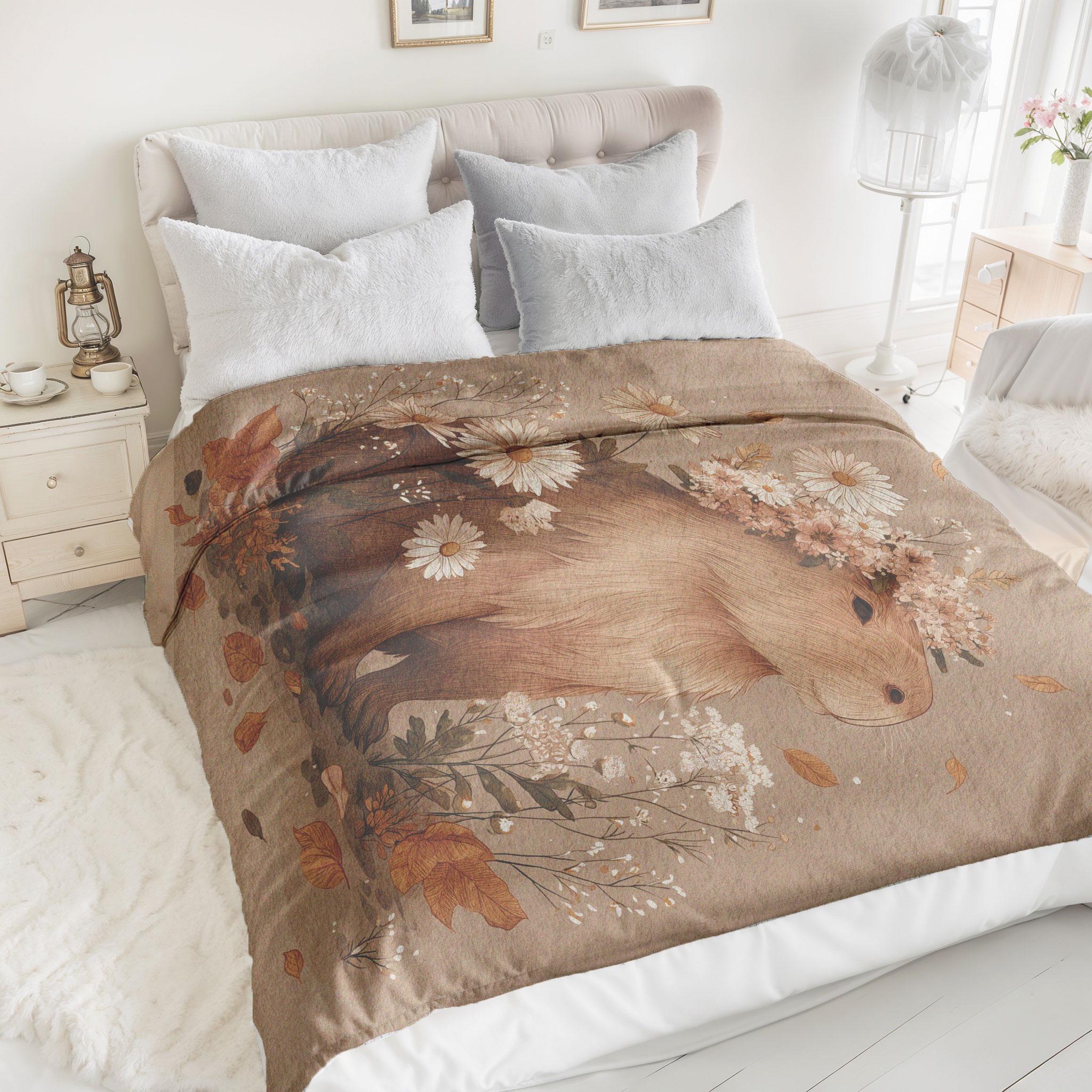Whimsical Capybara Flower Minky Blanket, Cottagecore Animal Lover Gift Throw, Soft Floral Plush Blanket, Nature Inspired Cozy Capybara Art