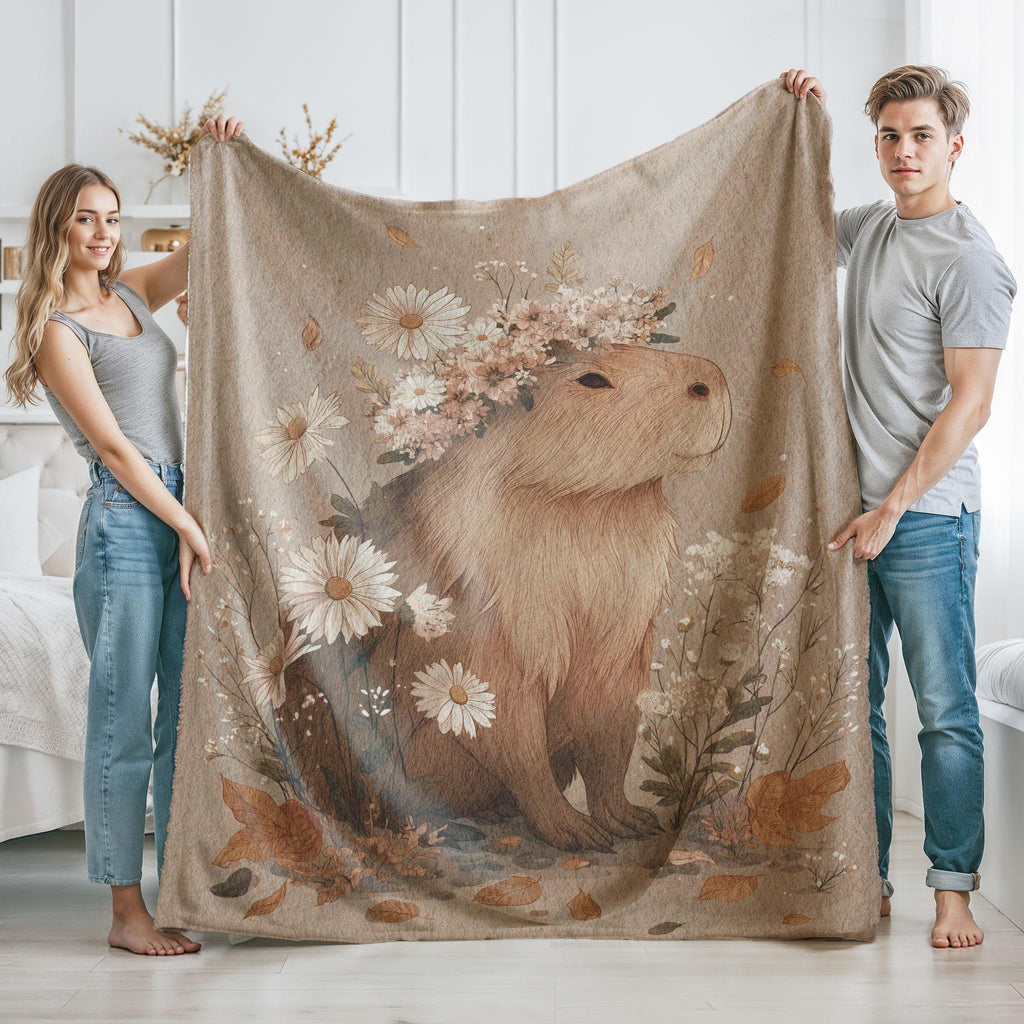 Whimsical Capybara Flower Minky Blanket, Cottagecore Animal Lover Gift Throw, Soft Floral Plush Blanket, Nature Inspired Cozy Capybara Art