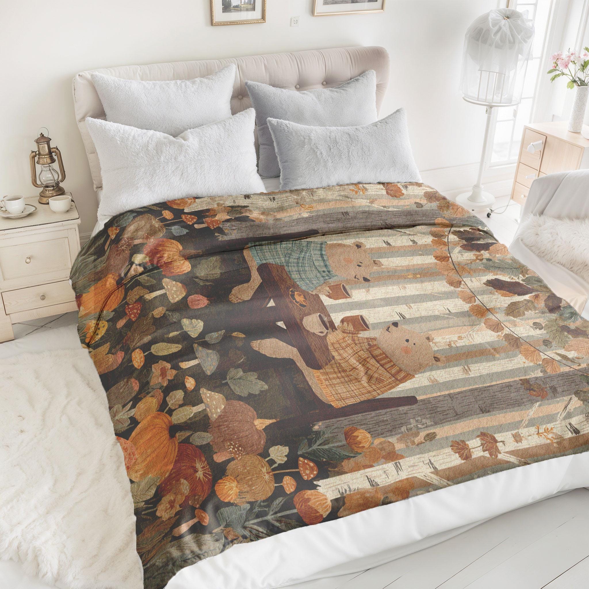 Minky Blanket, Sherpa Fleece, Velveteen Plush Throw, Blanket, Autumn Bear Couple, Woodland Forest Throw Blanket, Fall Mushroom Pumpkin