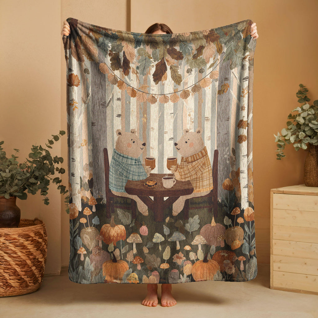 Minky Blanket, Sherpa Fleece, Velveteen Plush Throw, Blanket, Autumn Bear Couple, Woodland Forest Throw Blanket, Fall Mushroom Pumpkin