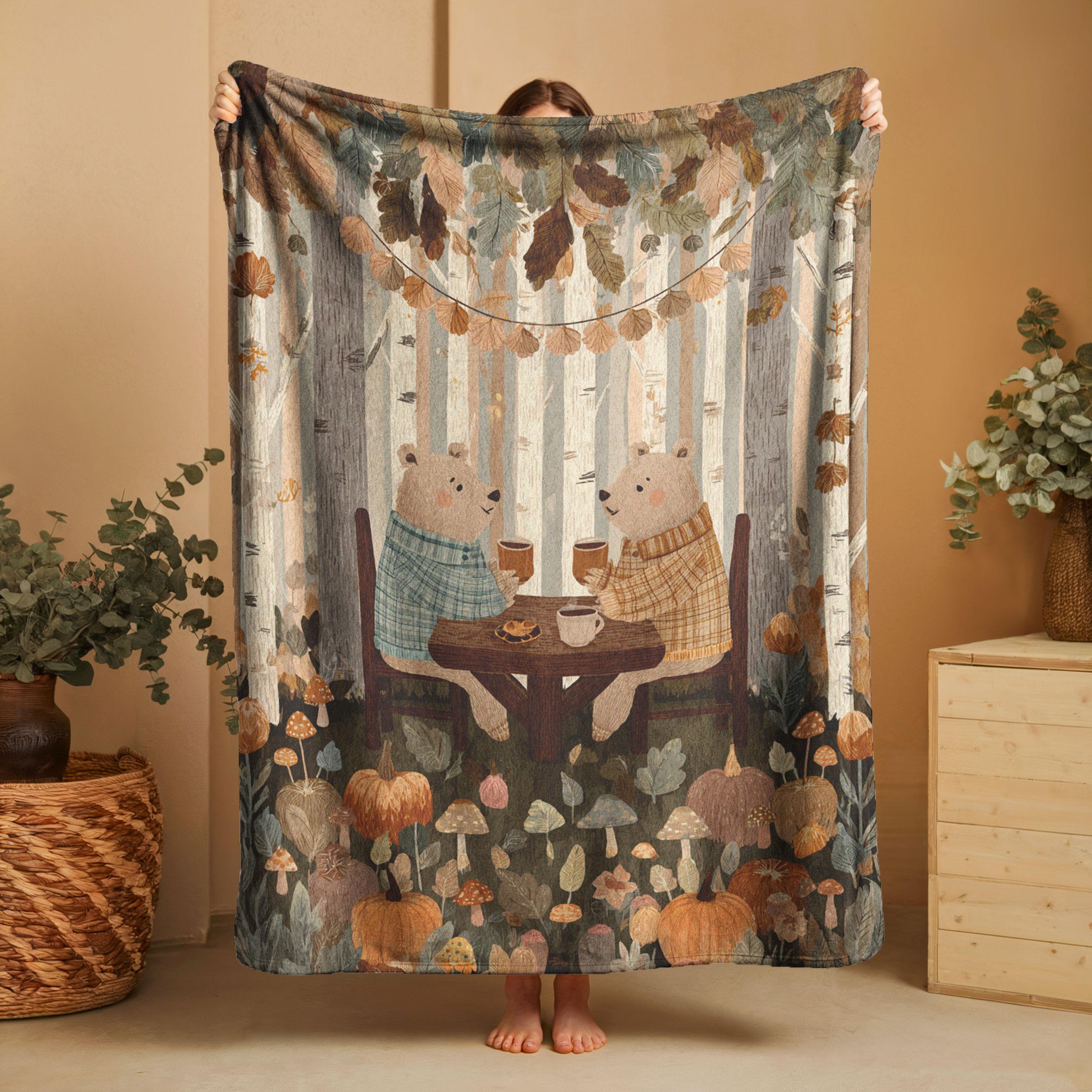 Minky Blanket, Sherpa Fleece, Velveteen Plush Throw, Blanket, Autumn Bear Couple, Woodland Forest Throw Blanket, Fall Mushroom Pumpkin