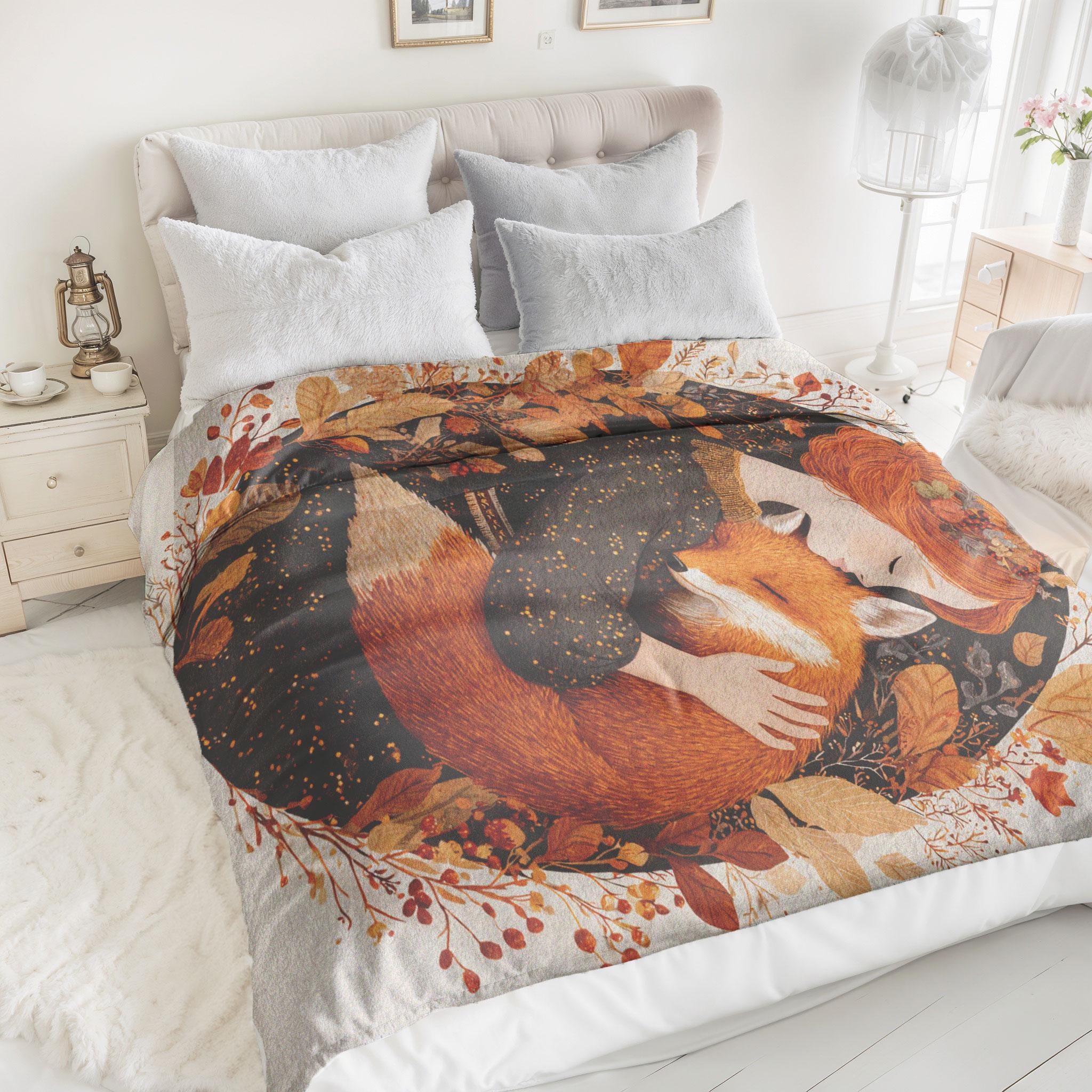 Autumn Fox Girl Velveteen Plush Blanket, Cozy Fall Decor Minky Throw, Woodland Embrace Art Blanket, Mothers Day Gift, Redhead Fox Lover Gift