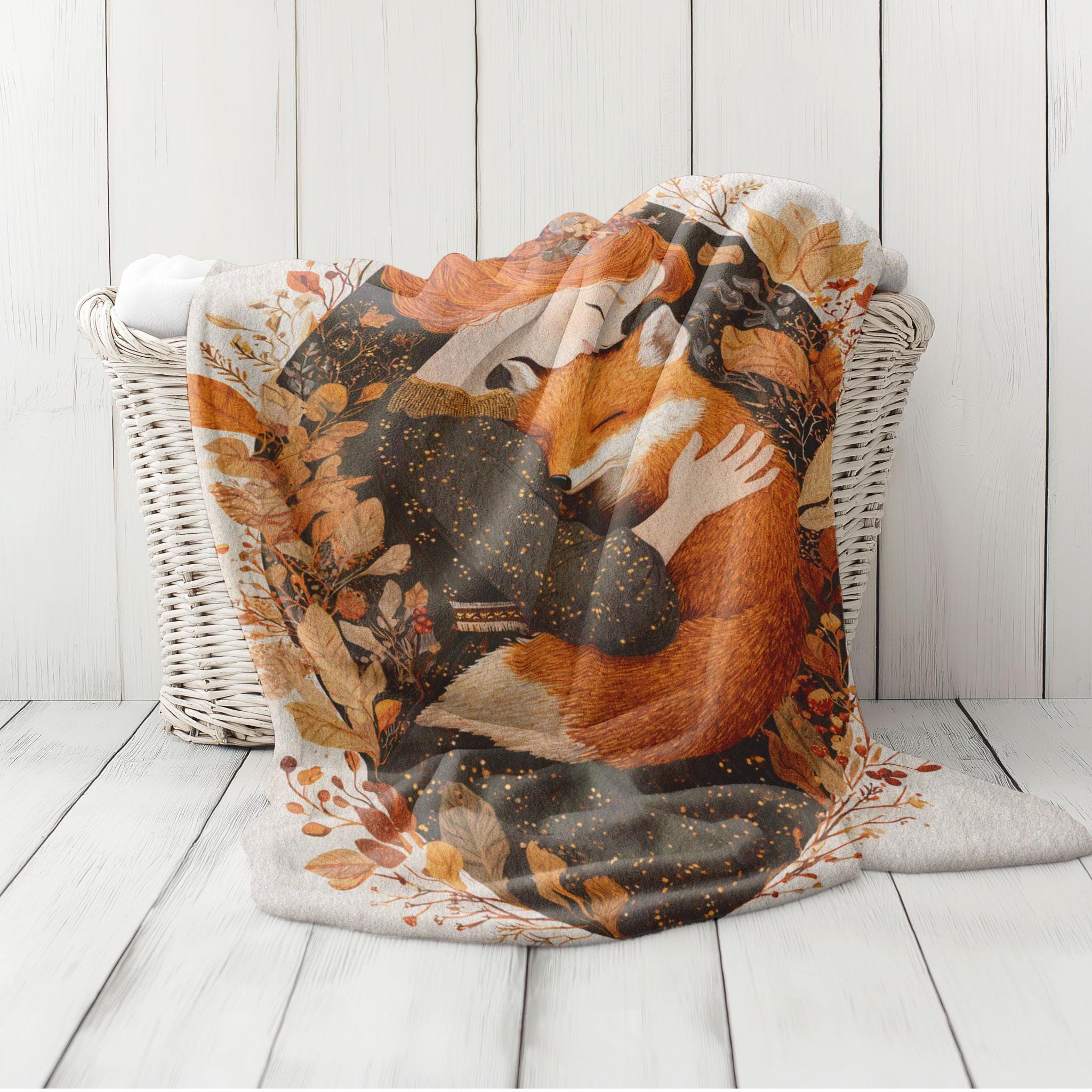 Autumn Fox Girl Velveteen Plush Blanket, Cozy Fall Decor Minky Throw, Woodland Embrace Art Blanket, Mothers Day Gift, Redhead Fox Lover Gift