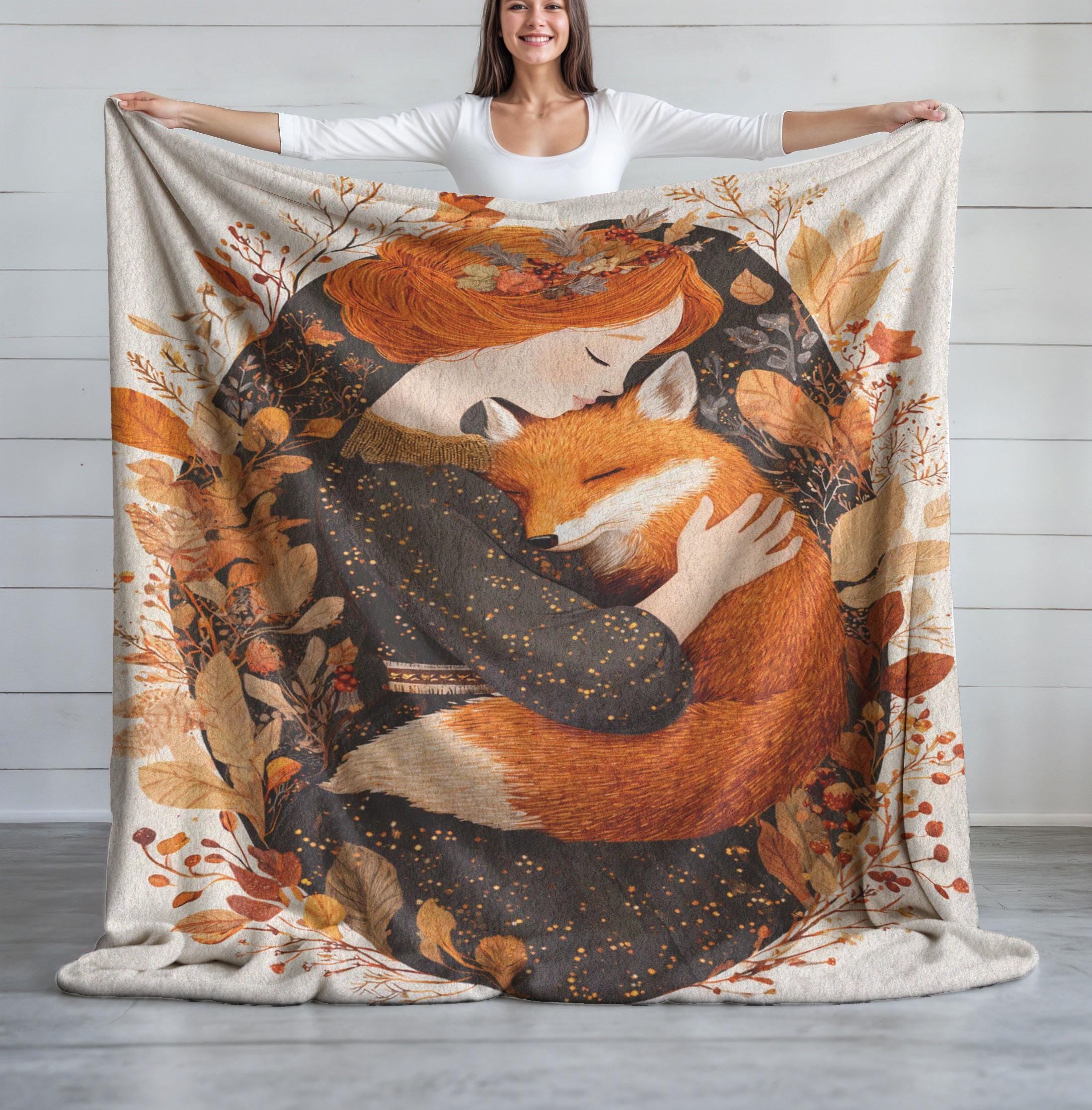 Autumn Fox Girl Velveteen Plush Blanket, Cozy Fall Decor Minky Throw, Woodland Embrace Art Blanket, Mothers Day Gift, Redhead Fox Lover Gift