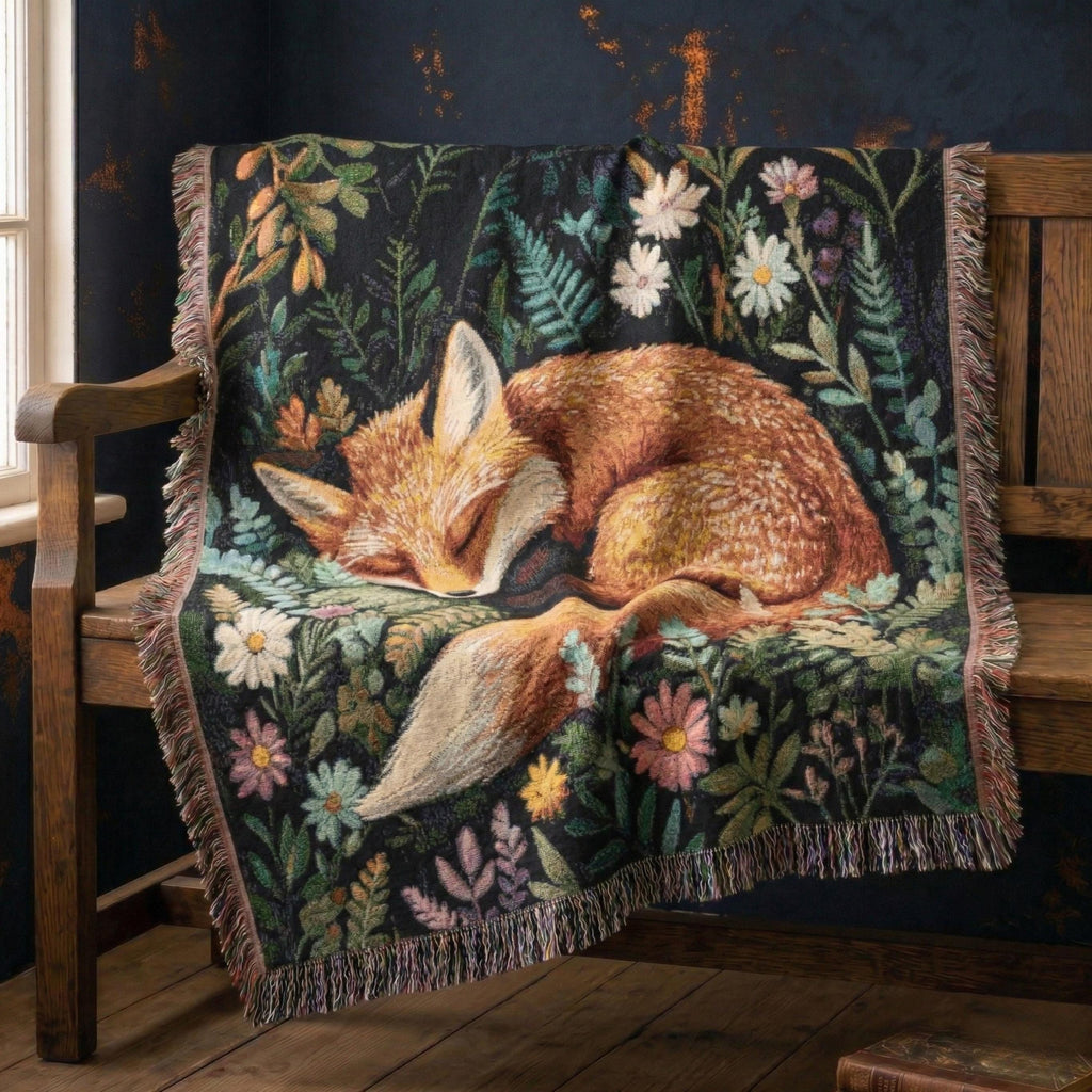 Sleepy Fox 100% Cotton Woven Throw Cottagecore Forest Blanket Woodland Animal Tapestry Cozy Nature Decor Botanical Fox Art, Fairy Tale Throw