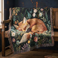 Sleepy Fox 100% Cotton Woven Throw Cottagecore Forest Blanket Woodland Animal Tapestry Cozy Nature Decor Botanical Fox Art, Fairy Tale Throw