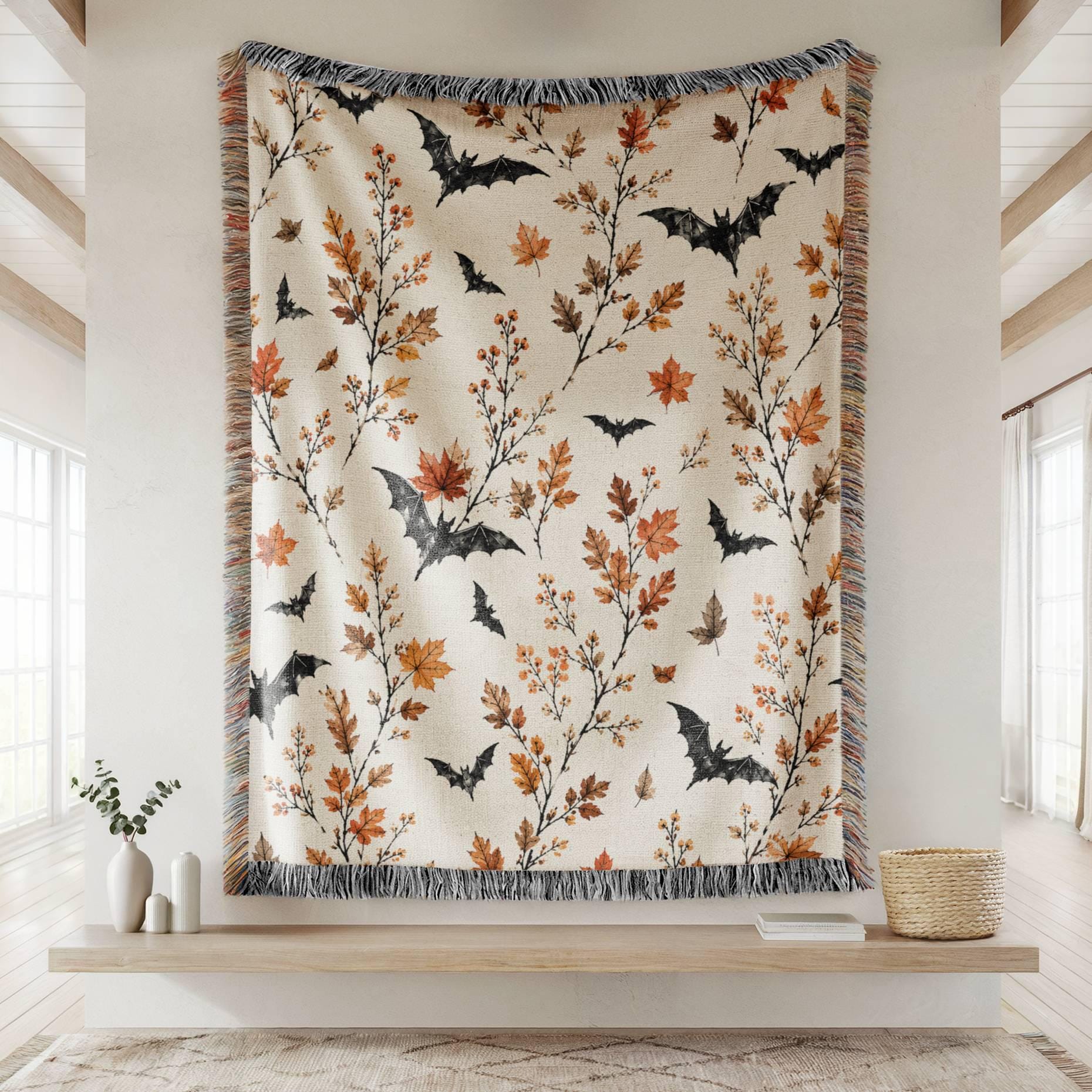 Halloween throw Blanket,Bat Halloween blanket,Boho Halloween Decor,Gothic Woven Blanket,Floral Halloween Throw Blanket,Boho Fall Home Decor