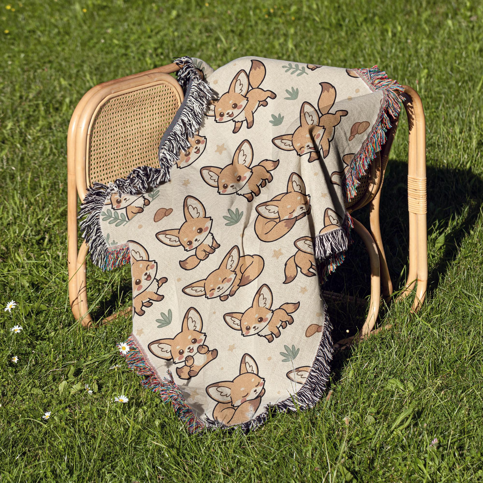 Fennec Fox Blanket, Kawaii Cute Desert Fox Woven Cotton Throw, Cozy Boho Nursery Animal Decor, Cute Kids Room Fennec Fox Lover Gift
