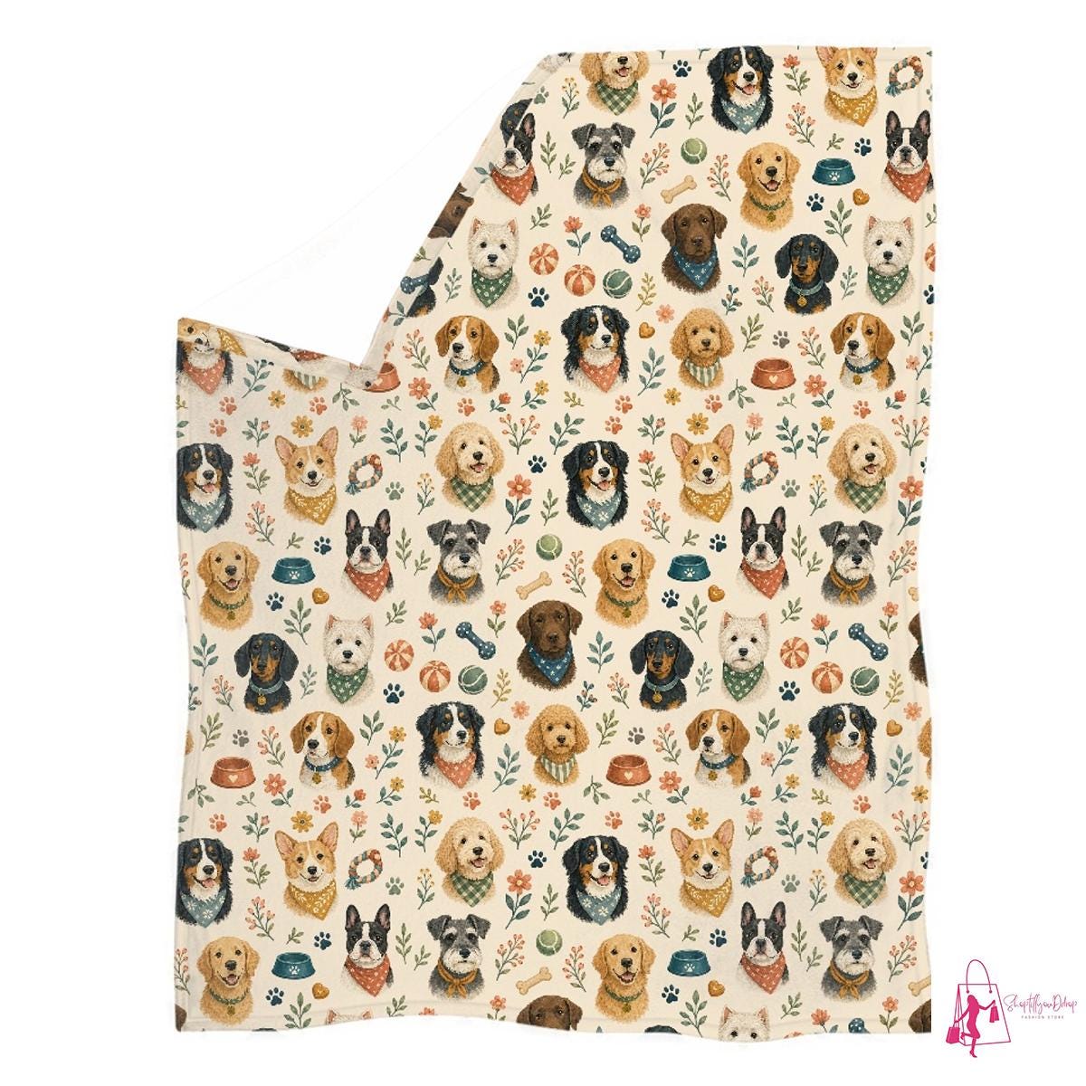 Cute Dog Breeds Blanket, Cottagecore Floral Puppy Cozy Throw Blanket, Whimsical Pet Lover Gift, Soft Animal Home Decor