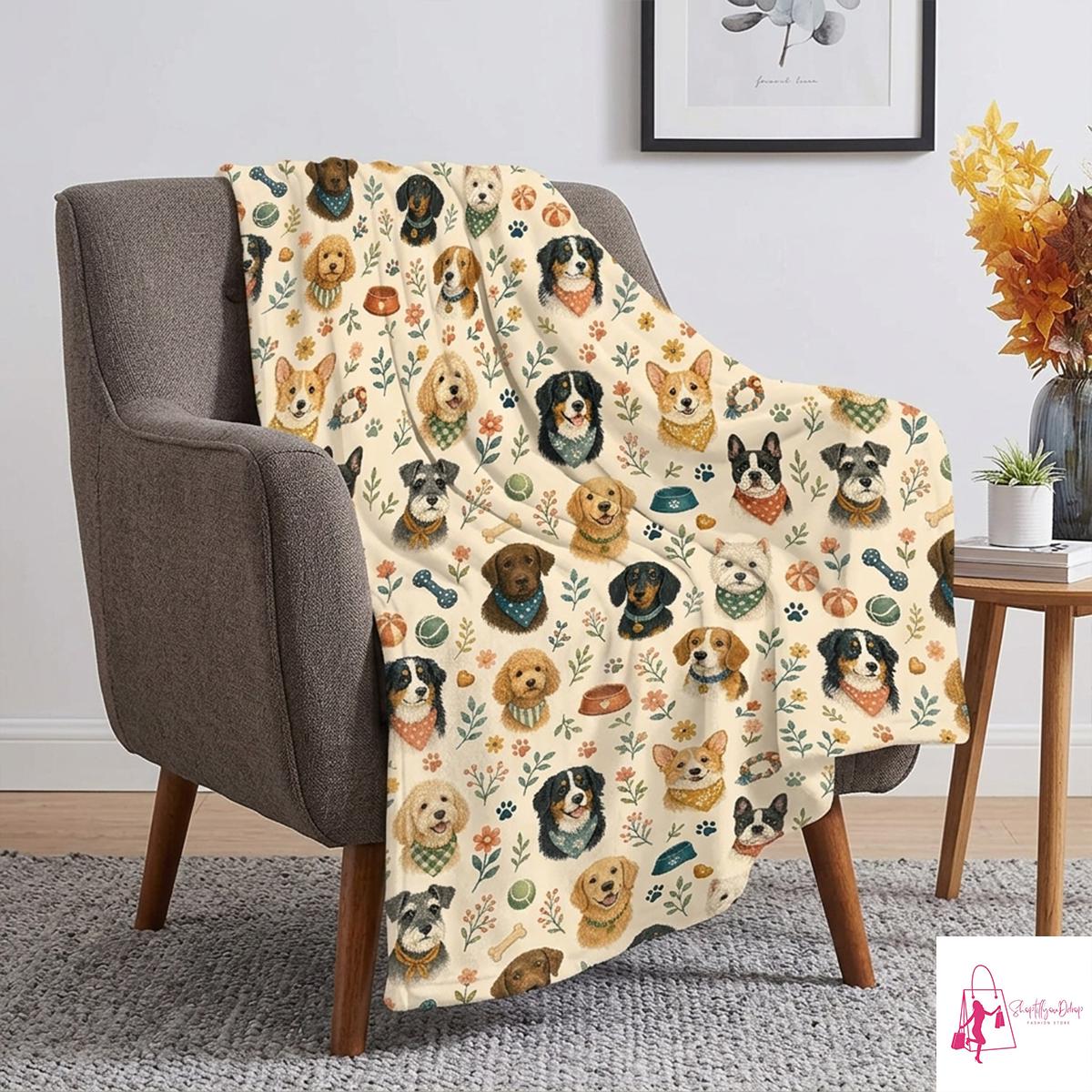 Cute Dog Breeds Blanket, Cottagecore Floral Puppy Cozy Throw Blanket, Whimsical Pet Lover Gift, Soft Animal Home Decor