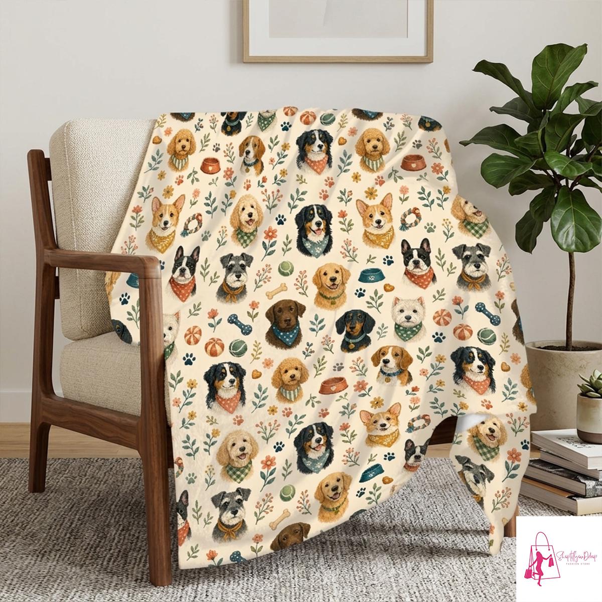 Cute Dog Breeds Blanket, Cottagecore Floral Puppy Cozy Throw Blanket, Whimsical Pet Lover Gift, Soft Animal Home Decor