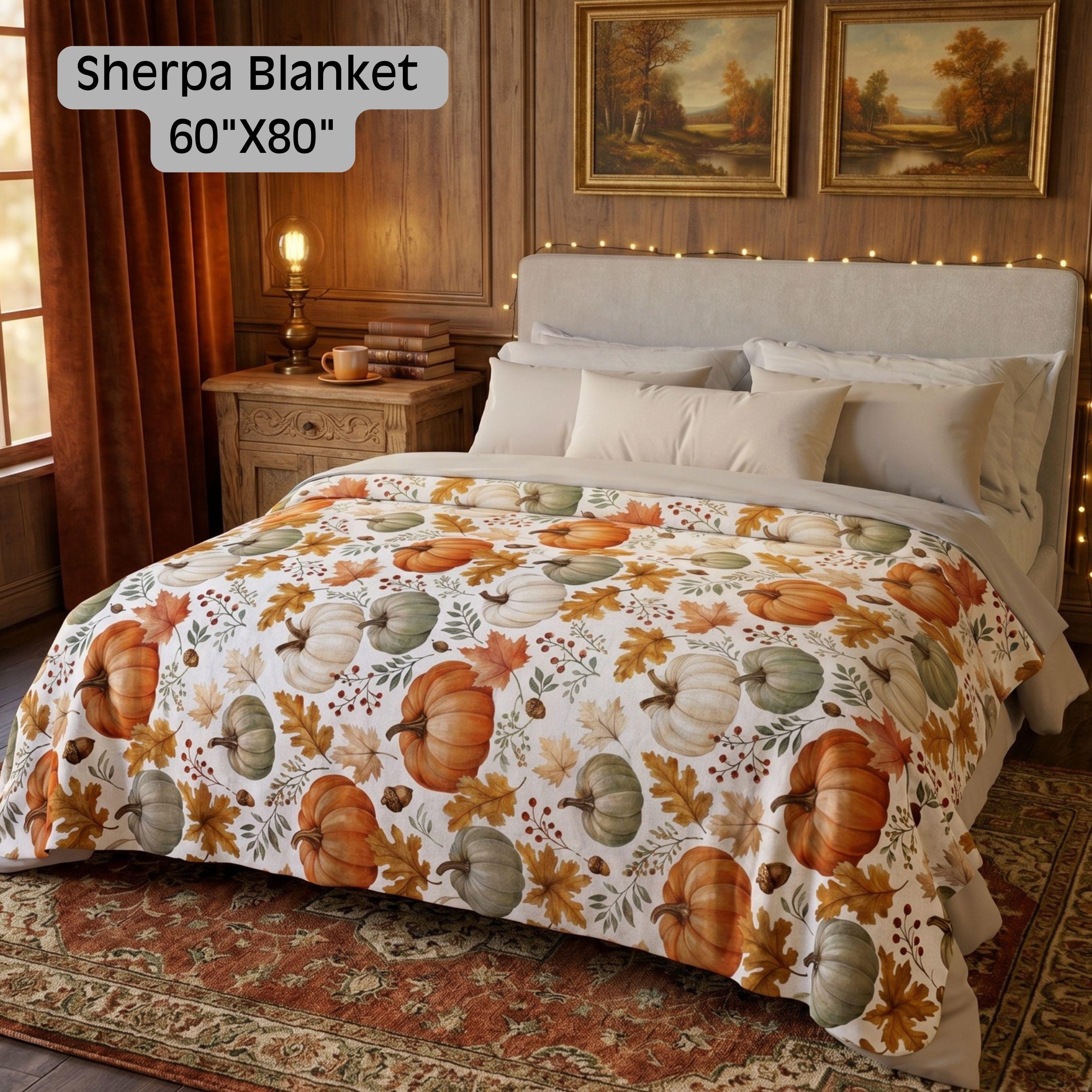 Fall Pumpkin Blanket, Autumn Harvest Sherpa or Velveteen Throw