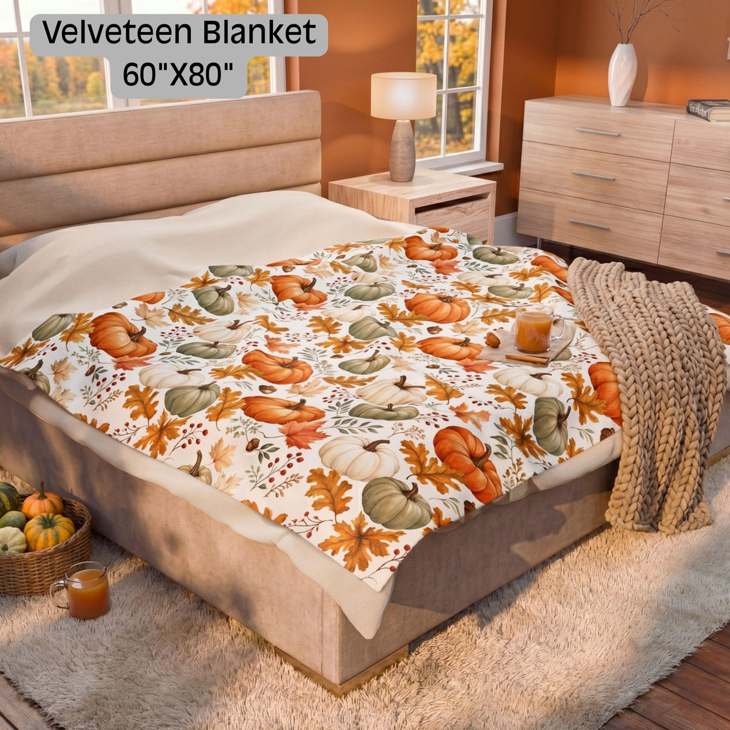 Fall Pumpkin Blanket, Autumn Harvest Sherpa or Velveteen Throw