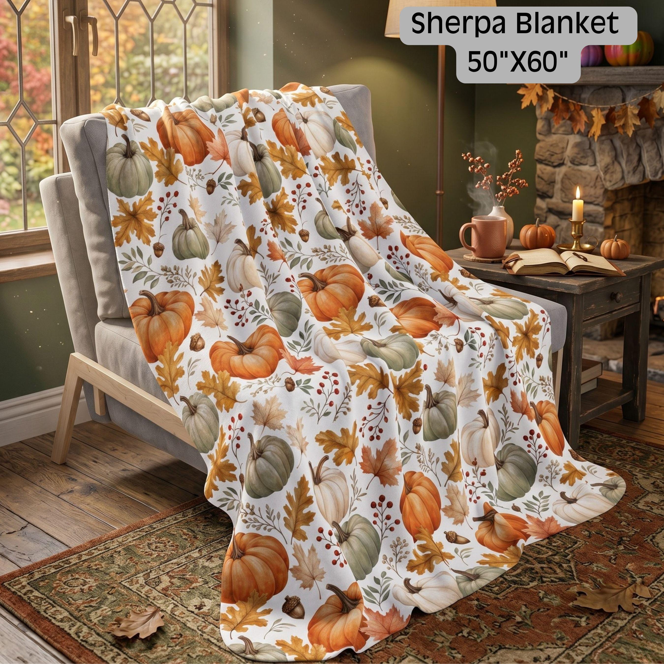 Fall Pumpkin Blanket, Autumn Harvest Sherpa or Velveteen Throw
