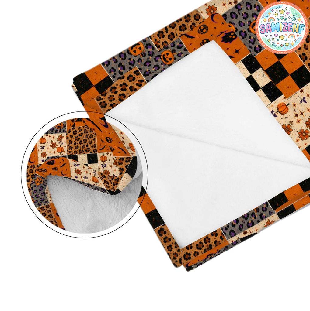 Halloween Patchwork Blanket, Spooky Ghost Quilt, Pumpkin Leopard Print Throw