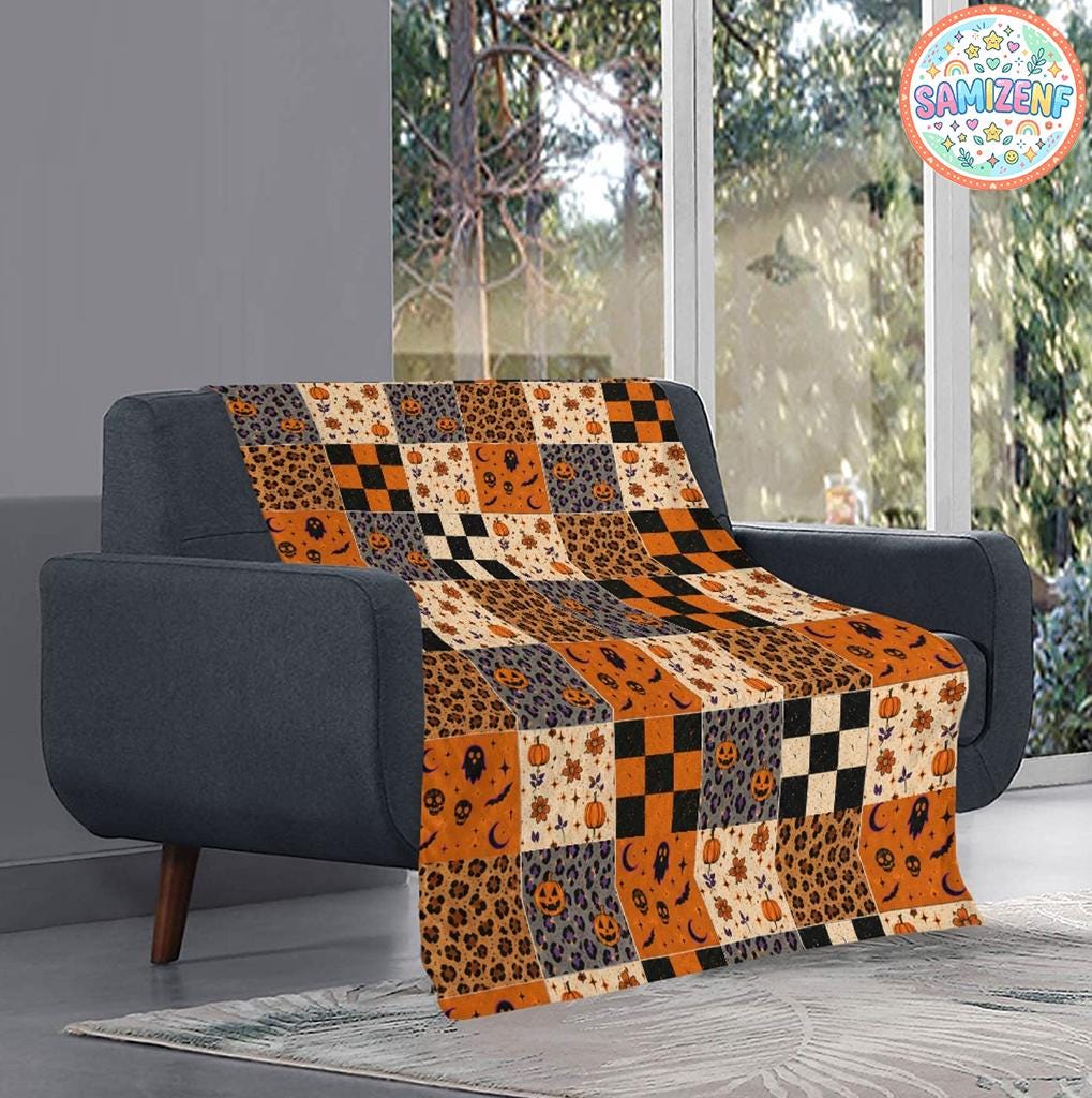 Halloween Patchwork Blanket, Spooky Ghost Quilt, Pumpkin Leopard Print Throw