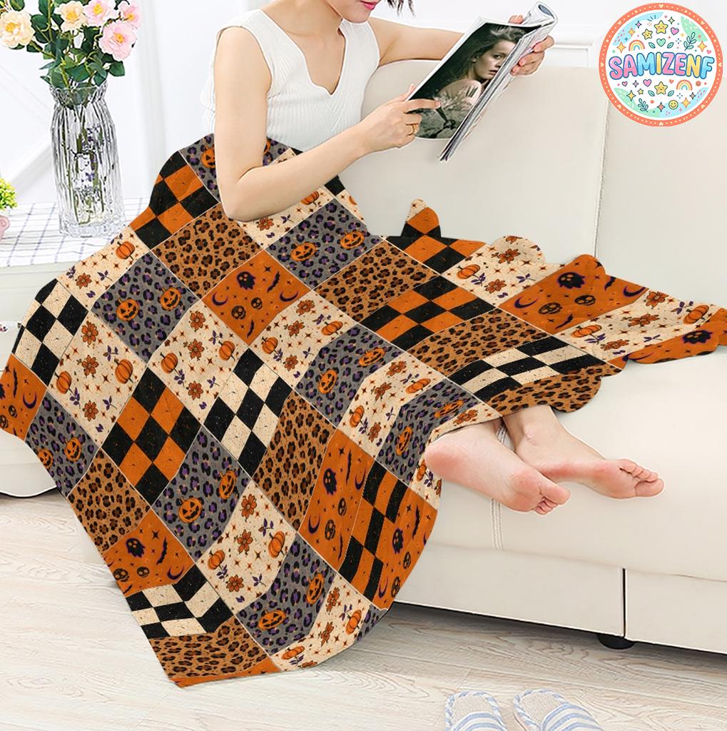 Halloween Patchwork Blanket, Spooky Ghost Quilt, Pumpkin Leopard Print Throw
