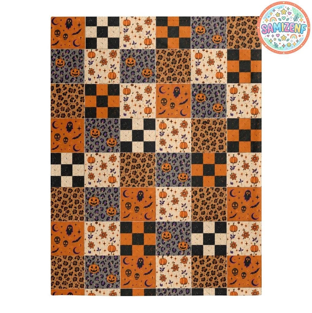 Halloween Patchwork Blanket, Spooky Ghost Quilt, Pumpkin Leopard Print Throw