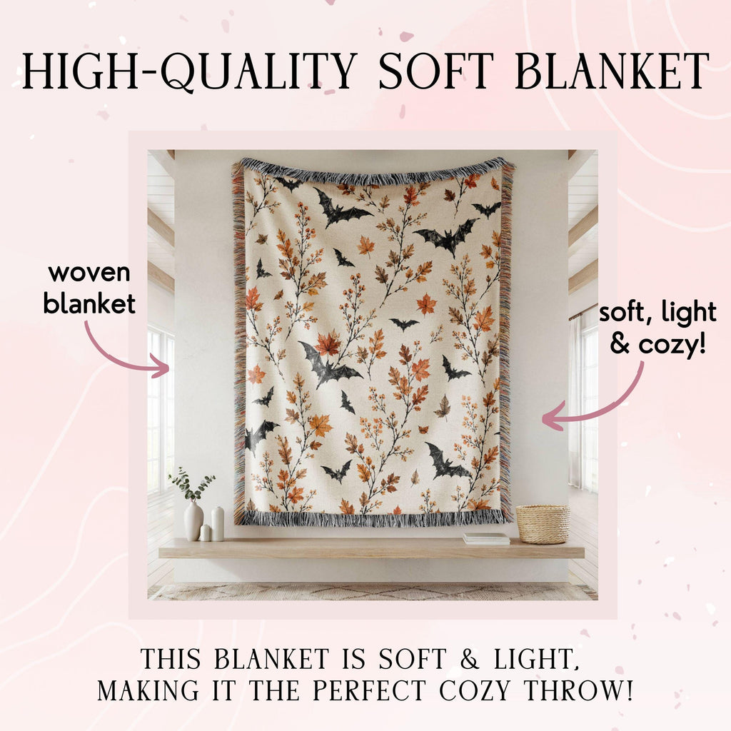 Halloween throw Blanket,Bat Halloween blanket,Boho Halloween Decor,Gothic Woven Blanket,Floral Halloween Throw Blanket,Boho Fall Home Decor