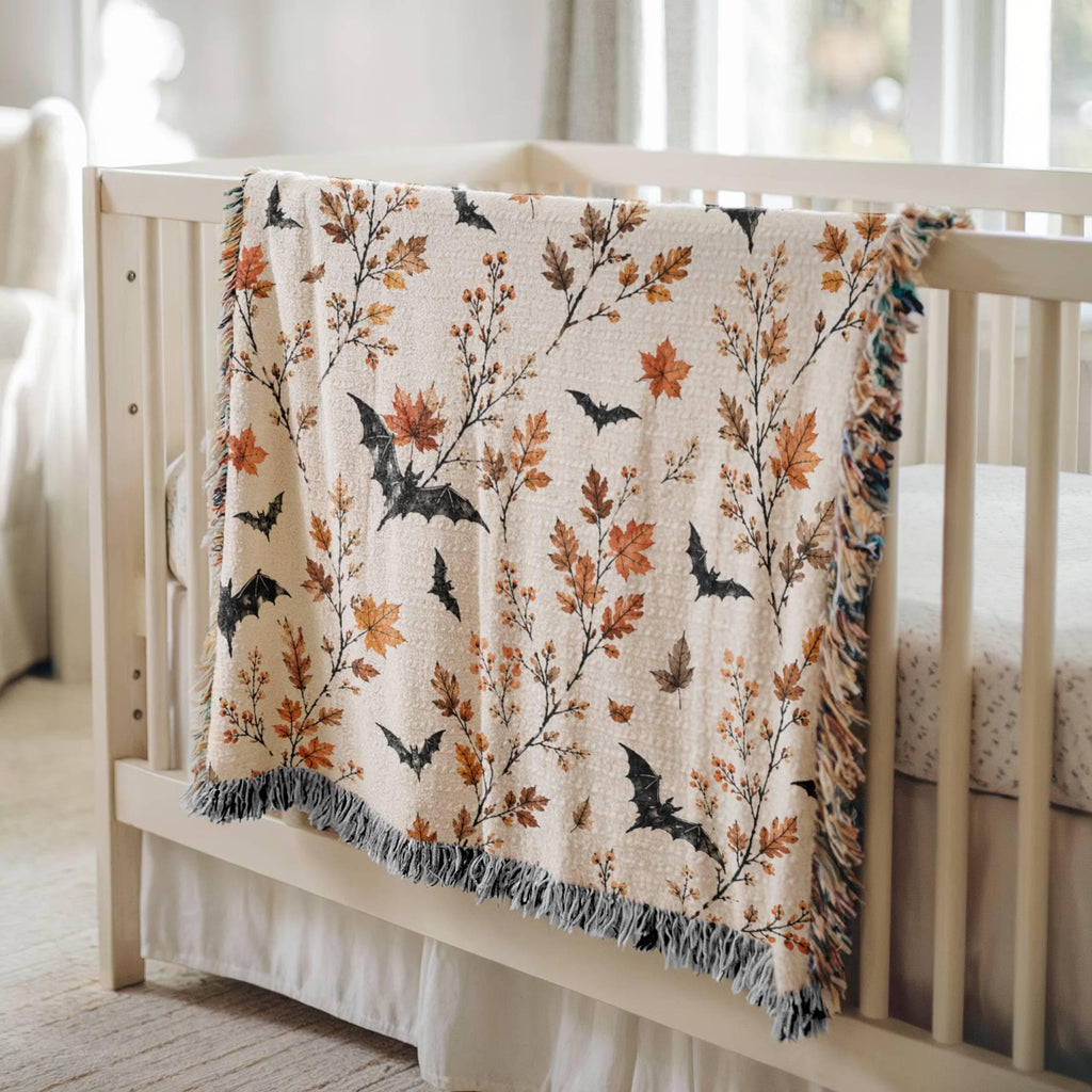 Halloween throw Blanket,Bat Halloween blanket,Boho Halloween Decor,Gothic Woven Blanket,Floral Halloween Throw Blanket,Boho Fall Home Decor
