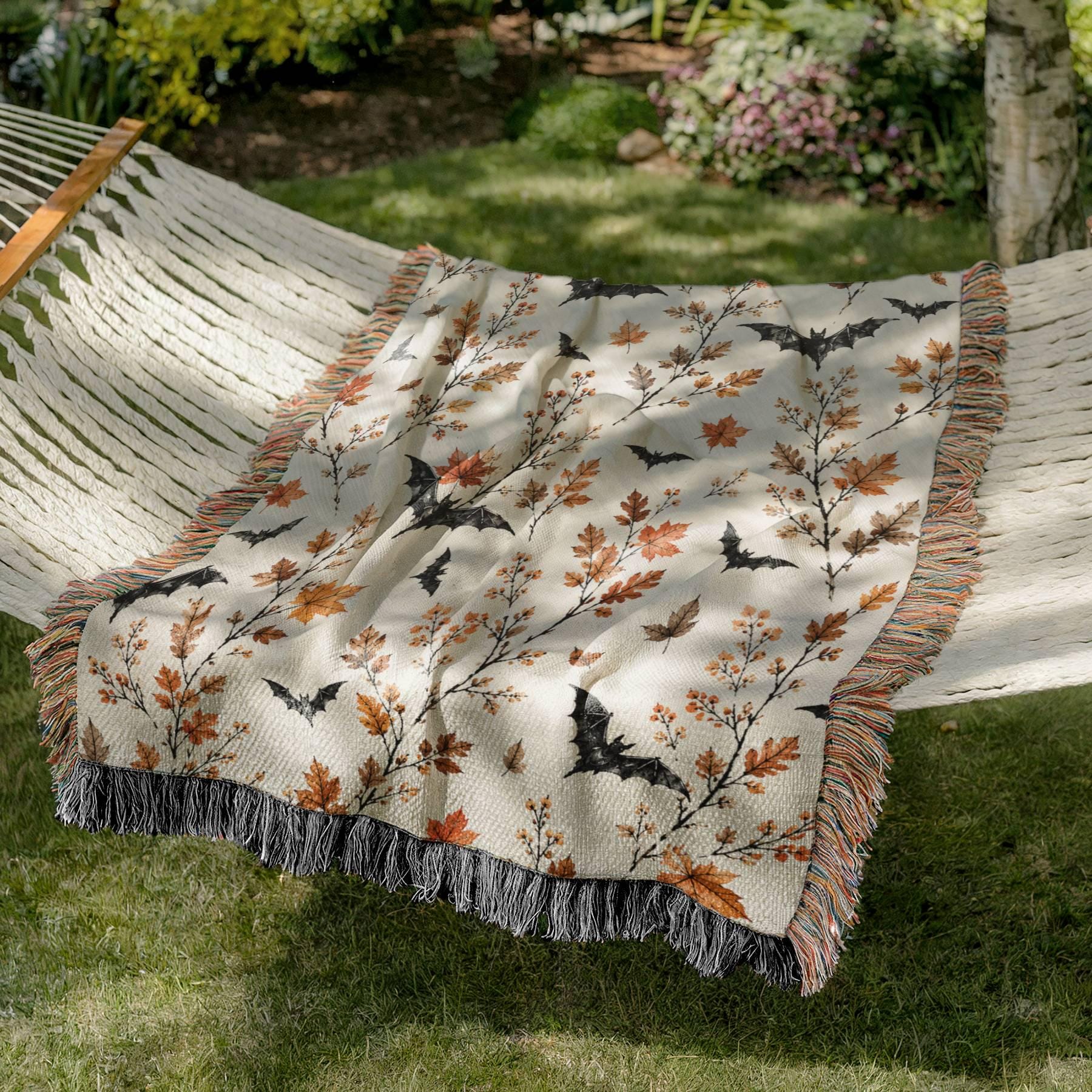 Halloween throw Blanket,Bat Halloween blanket,Boho Halloween Decor,Gothic Woven Blanket,Floral Halloween Throw Blanket,Boho Fall Home Decor