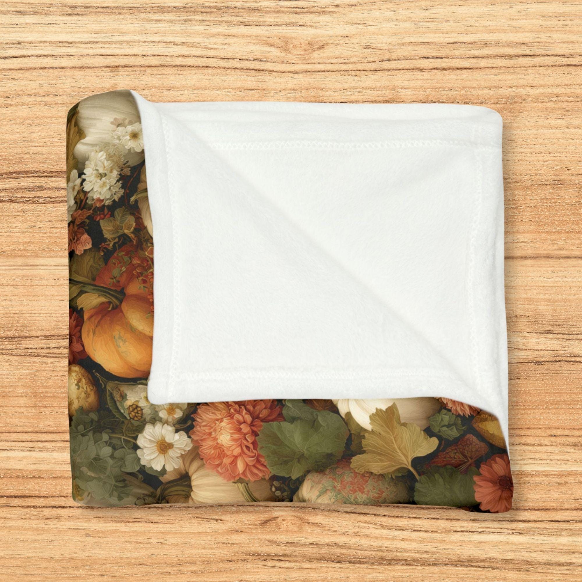 Fall Throw Blanket, Autumn Harvest Pumpkin Blanket, Cottagecore Floral Fleece Throw, Cozy Thanksgiving Decor, Rustic Farmhouse Gift