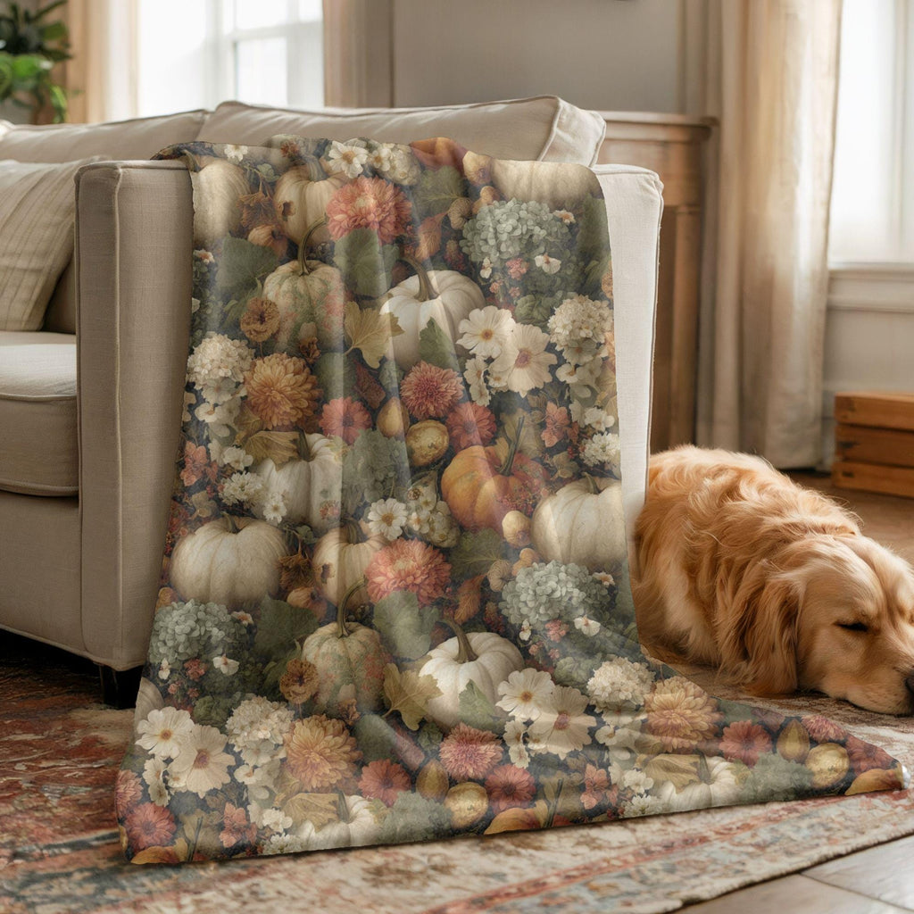 Fall Throw Blanket, Autumn Harvest Pumpkin Blanket, Cottagecore Floral Fleece Throw, Cozy Thanksgiving Decor, Rustic Farmhouse Gift