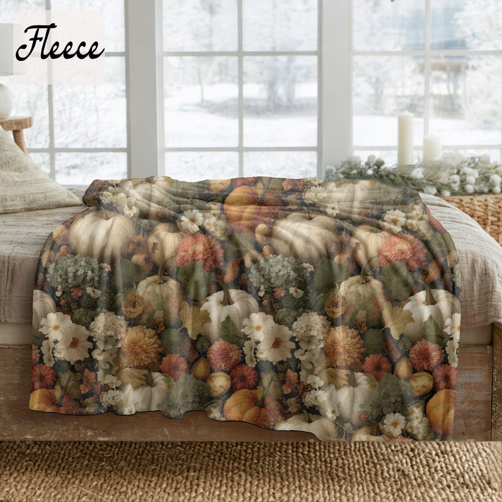 Fall Throw Blanket, Autumn Harvest Pumpkin Blanket, Cottagecore Floral Fleece Throw, Cozy Thanksgiving Decor, Rustic Farmhouse Gift