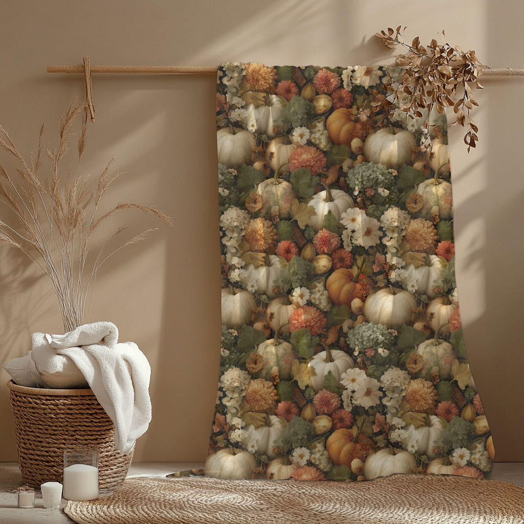 Fall Throw Blanket, Autumn Harvest Pumpkin Blanket, Cottagecore Floral Fleece Throw, Cozy Thanksgiving Decor, Rustic Farmhouse Gift