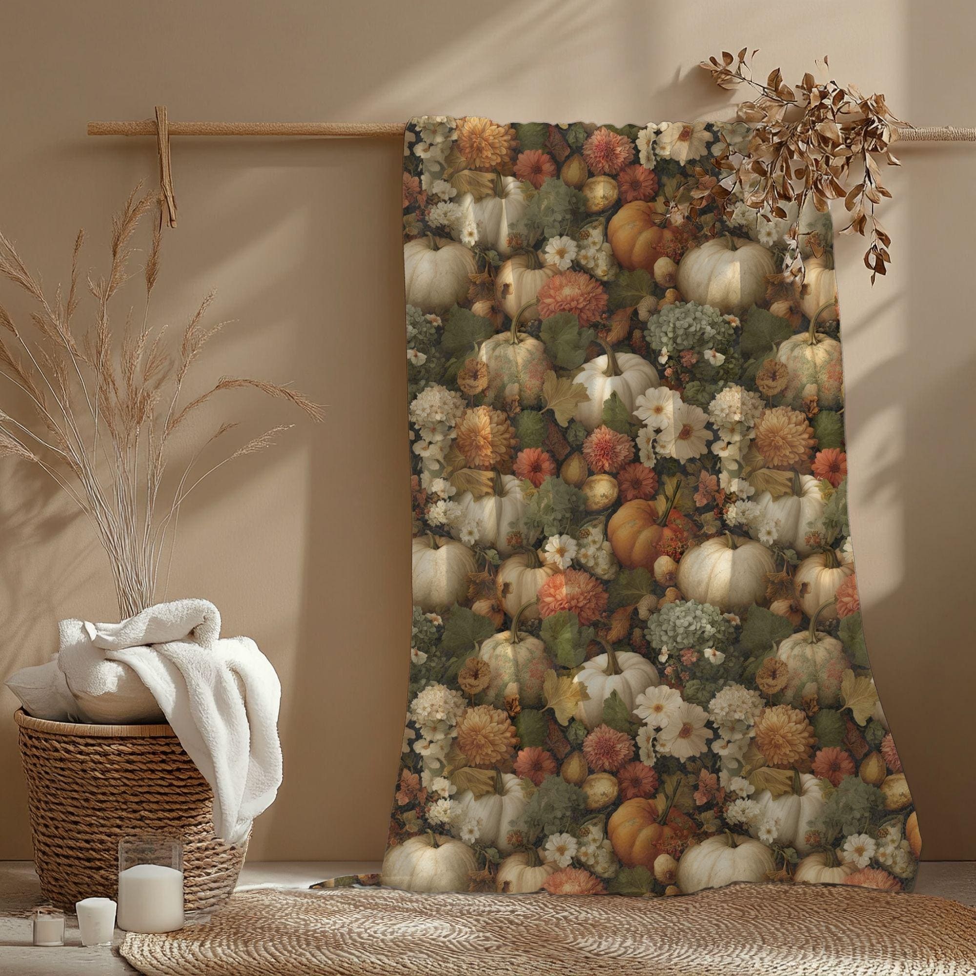 Fall Throw Blanket, Autumn Harvest Pumpkin Blanket, Cottagecore Floral Fleece Throw, Cozy Thanksgiving Decor, Rustic Farmhouse Gift