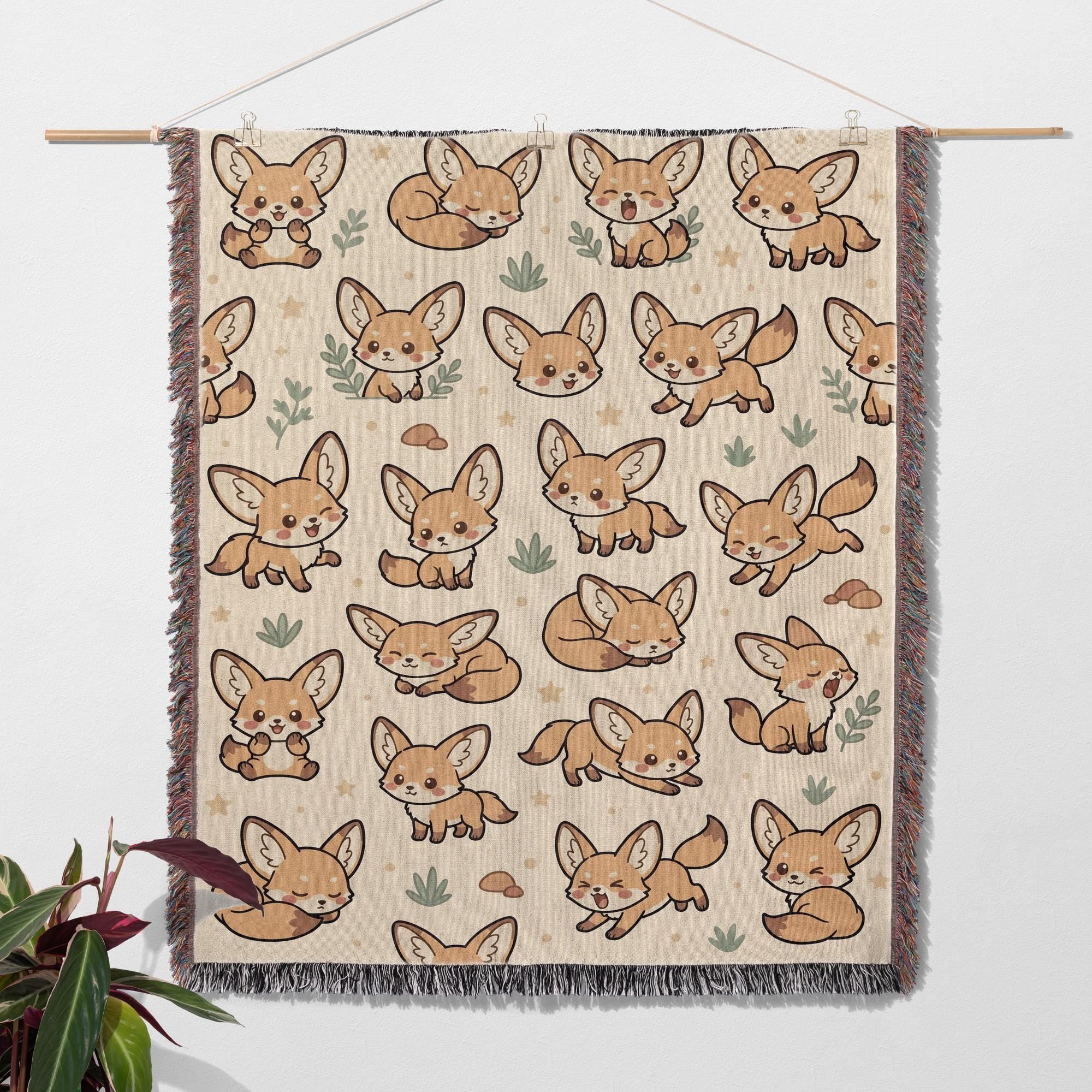 Fennec Fox Blanket, Kawaii Cute Desert Fox Woven Cotton Throw, Cozy Boho Nursery Animal Decor, Cute Kids Room Fennec Fox Lover Gift