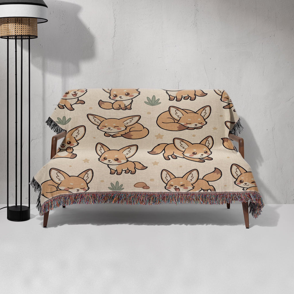 Fennec Fox Blanket, Kawaii Cute Desert Fox Woven Cotton Throw, Cozy Boho Nursery Animal Decor, Cute Kids Room Fennec Fox Lover Gift