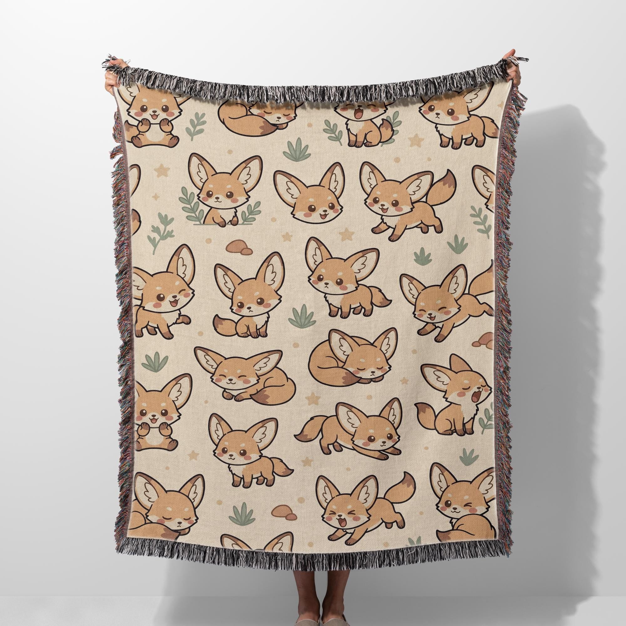Fennec Fox Blanket, Kawaii Cute Desert Fox Woven Cotton Throw, Cozy Boho Nursery Animal Decor, Cute Kids Room Fennec Fox Lover Gift