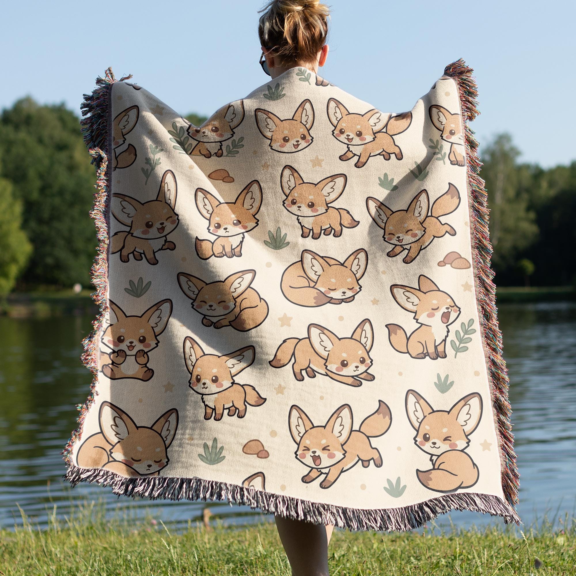 Fennec Fox Blanket, Kawaii Cute Desert Fox Woven Cotton Throw, Cozy Boho Nursery Animal Decor, Cute Kids Room Fennec Fox Lover Gift