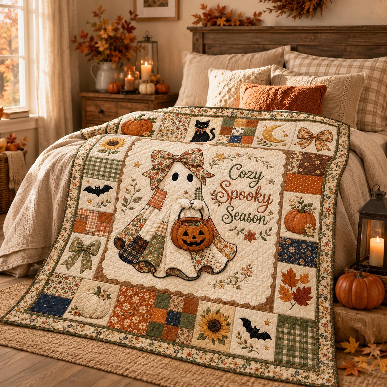 Spooky Season Quilt, Cute Ghost Boo to You Blanket, Pumpkin Moon Halloween Bedding, Cottagecore Fall Throw, Quilted Style Decor Gift