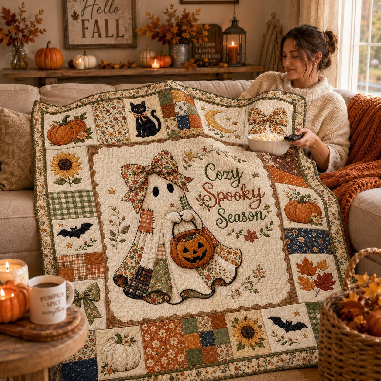 Spooky Season Quilt, Cute Ghost Boo to You Blanket, Pumpkin Moon Halloween Bedding, Cottagecore Fall Throw, Quilted Style Decor Gift