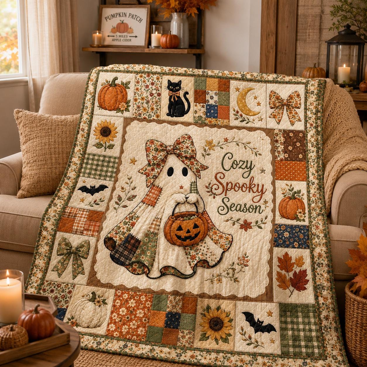 Spooky Season Quilt, Cute Ghost Boo to You Blanket, Pumpkin Moon Halloween Bedding, Cottagecore Fall Throw, Quilted Style Decor Gift